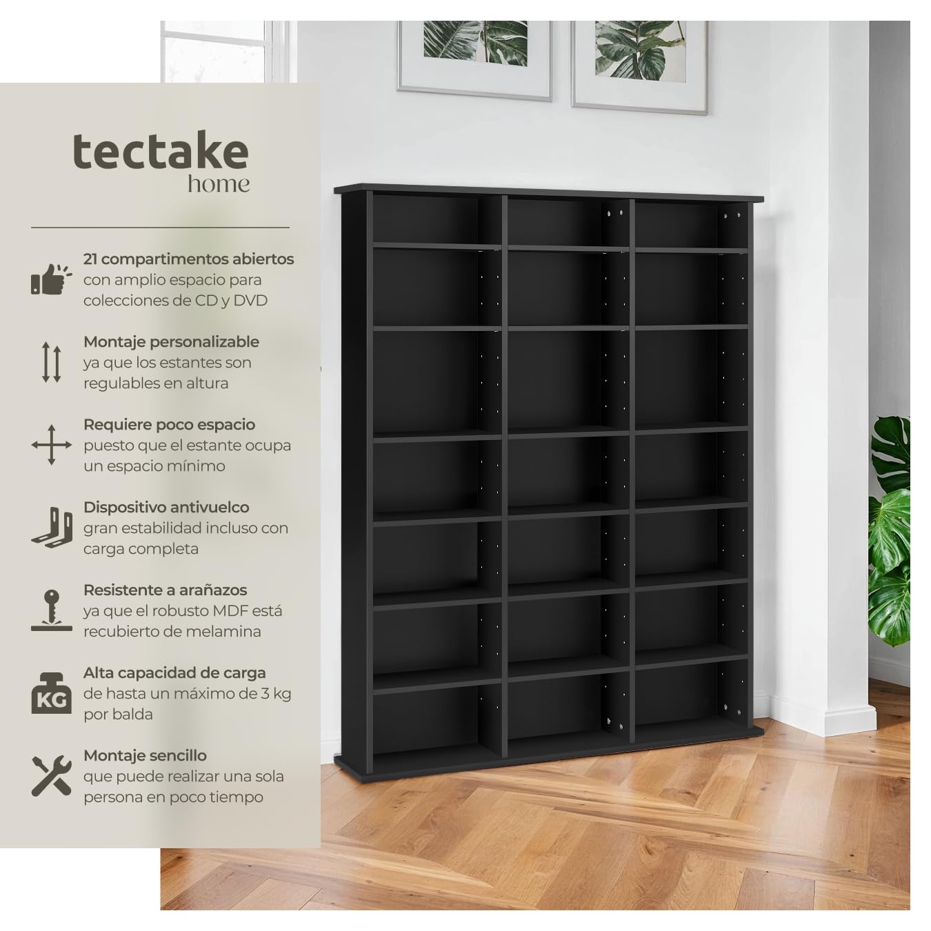 tectake® Estantería Pared con Efecto Madera, 21 Compartimentos, Estantes Ajustables en Altura y Extraíbles, Estantería Libros y Cds, Elegante Mueble Almacenaje, Superficie Resistente - Negro