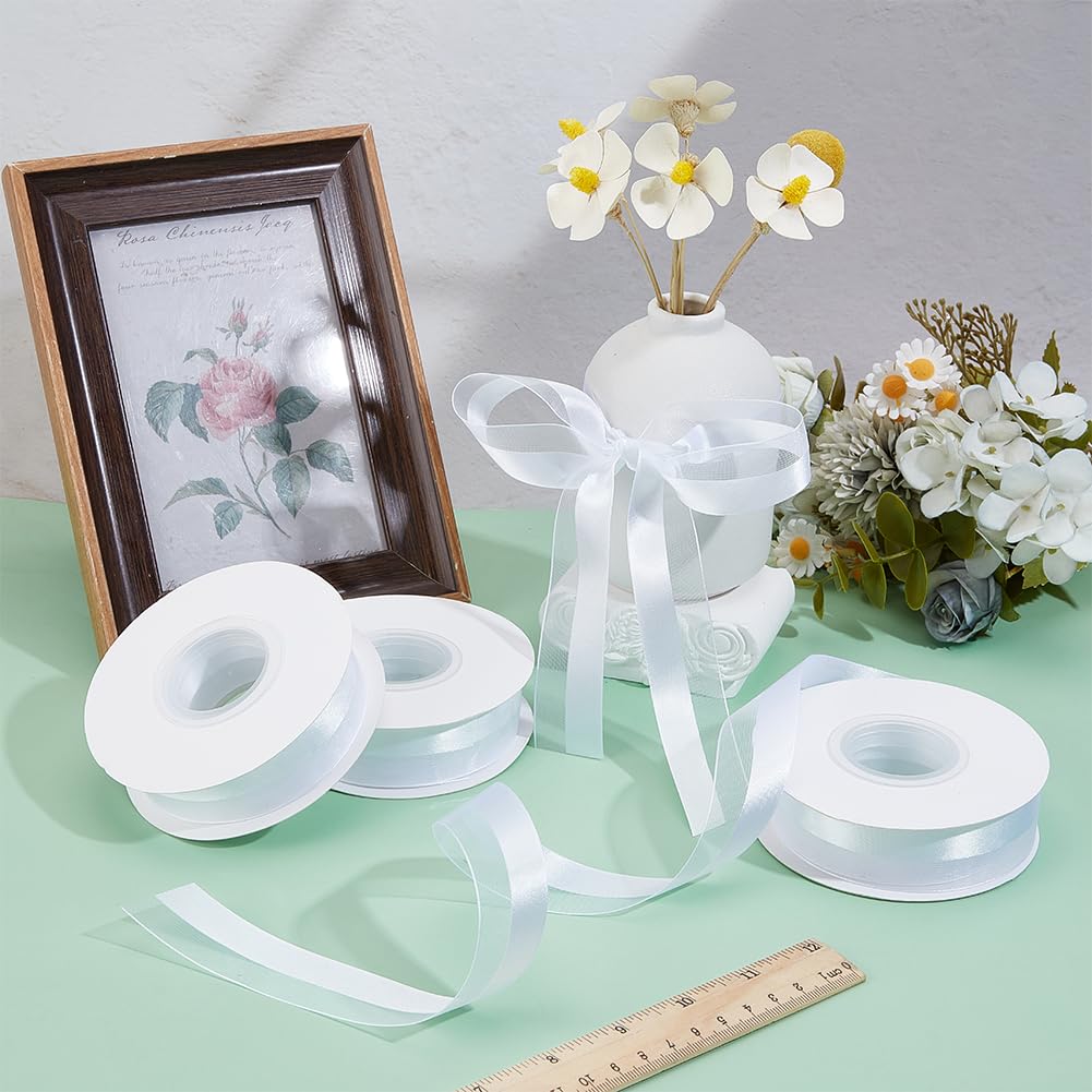 MAYJOYDIY 3 pz 68.6 m Nastro Bianco Mezzo Raso Velato 24mm Bordo Raso Nastro Velato Doppia Trama Bordo Decorativo per Matrimonio Compleanno Festa Bouquet Scatole Regalo Confezionamento
