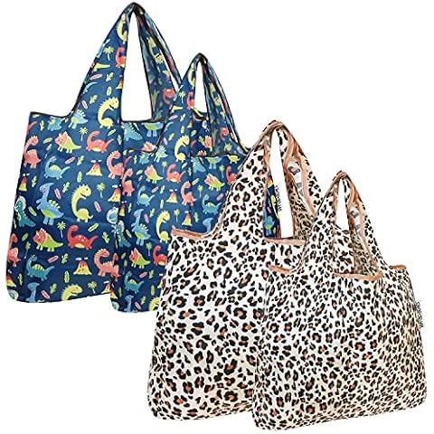 allydrew Large & Small Foldable Tote Nylon Reusable Grocery Bags, Set of 4, Dinosaurs & Wild Cat, Set of 4 Cover