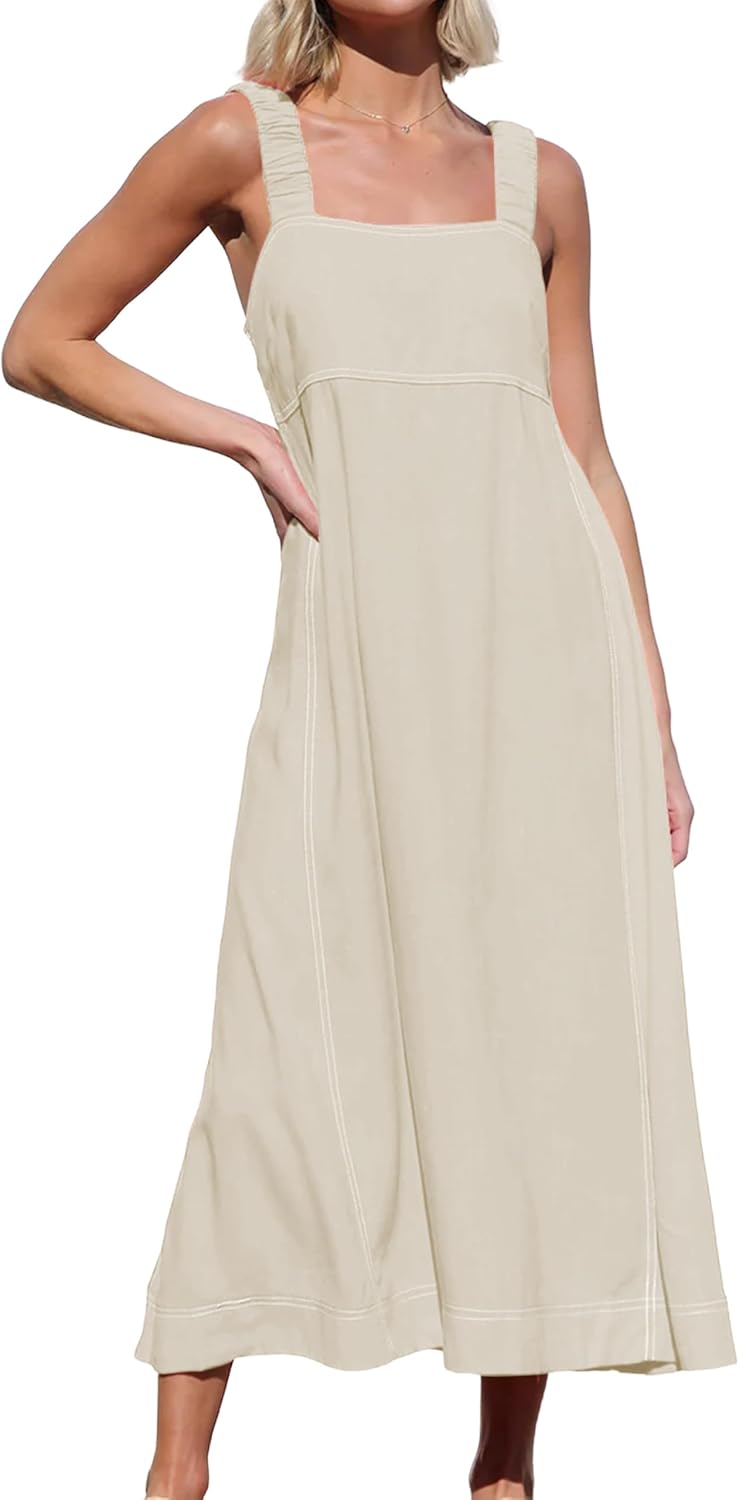LTSCNRM Women's Summer Casual Midi Dress Square Neck Elastic Spaghetti Strap Sleeveless A-Line Beach Dresses