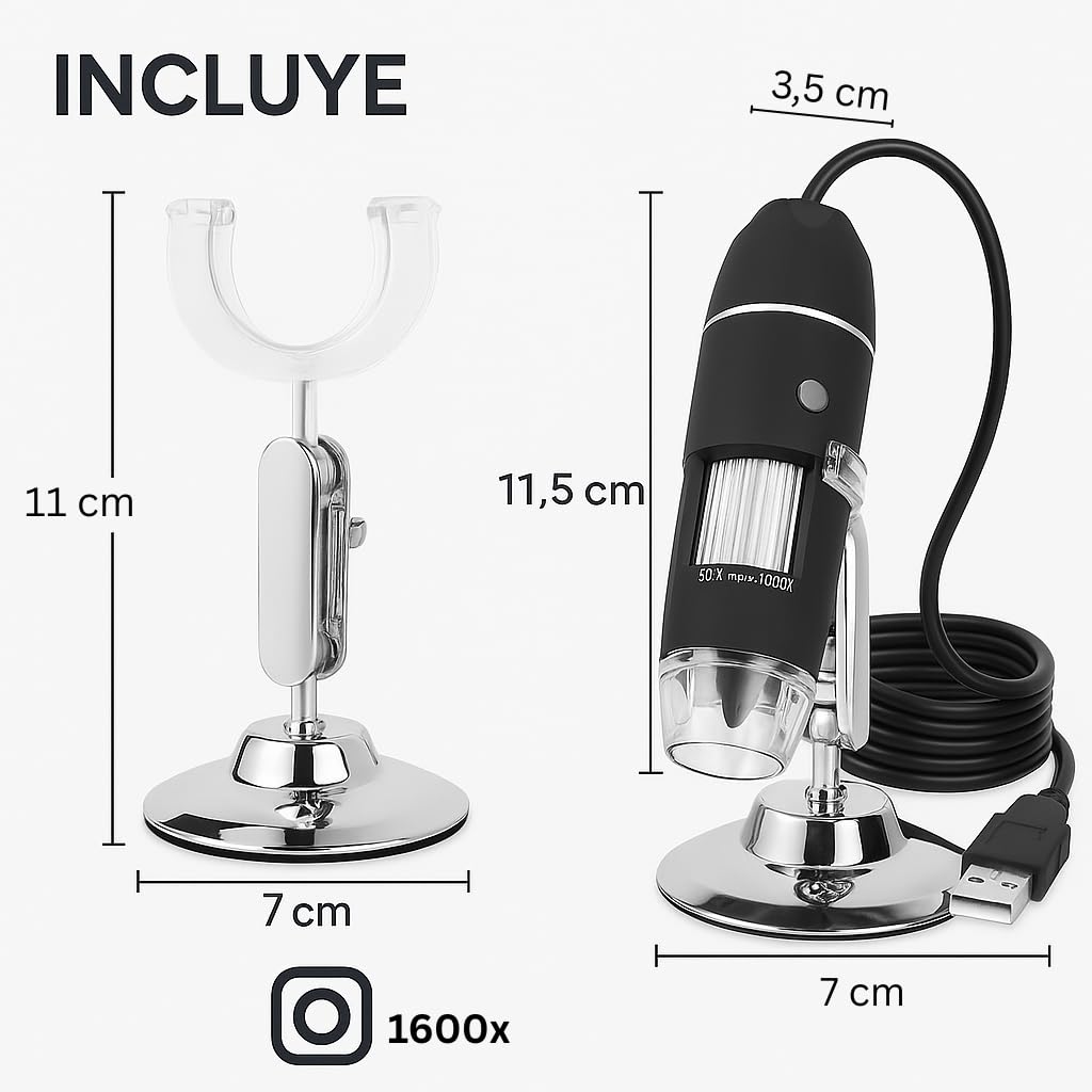 Microscopio Digital USB 1600x con Luz LED Ajustable – portátil - Compatible con Windows y Mac – endoscopio con Foto y Vídeo, para Estudiantes, Laboratorio, Electrónica, Botánica y Más
