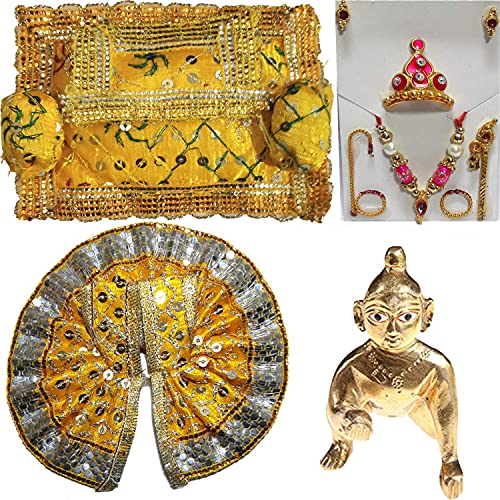 Image of Laddu Gopal Statue Pital Brass Murti with Dress Combo for Kanha Ji, Bal Gopal Statue (Ladoo Gopal Assorted Dress Gaddi Combo (lg1a), 0 no.)