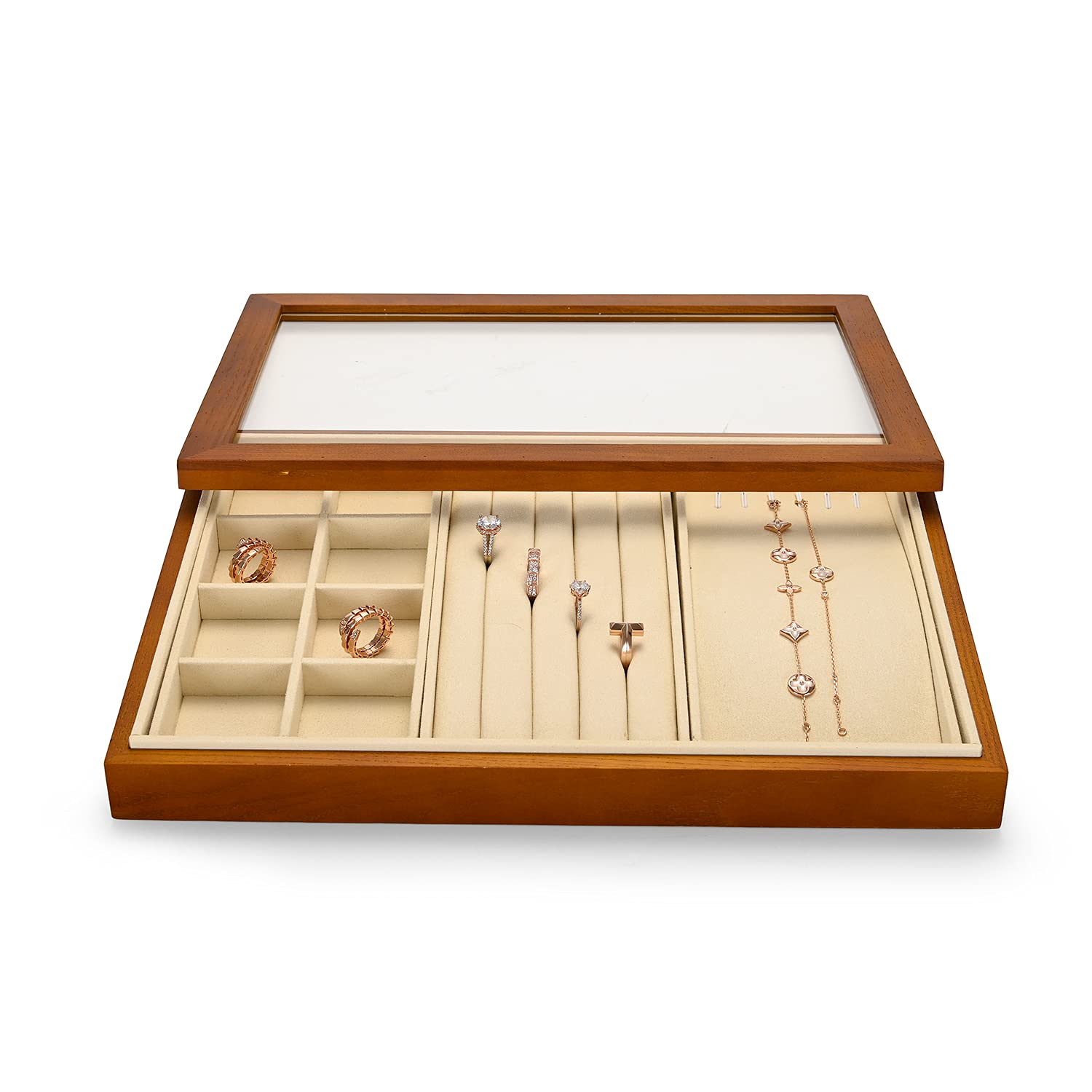 Oirlv Massivholz Ohrringe Schmuck Aufbewahrungsbox Armband Halskette Schmuck Display Box transparente Abdeckung Schmuck Aufbewahrungsbox Zuhause (beige (multifunktional))
