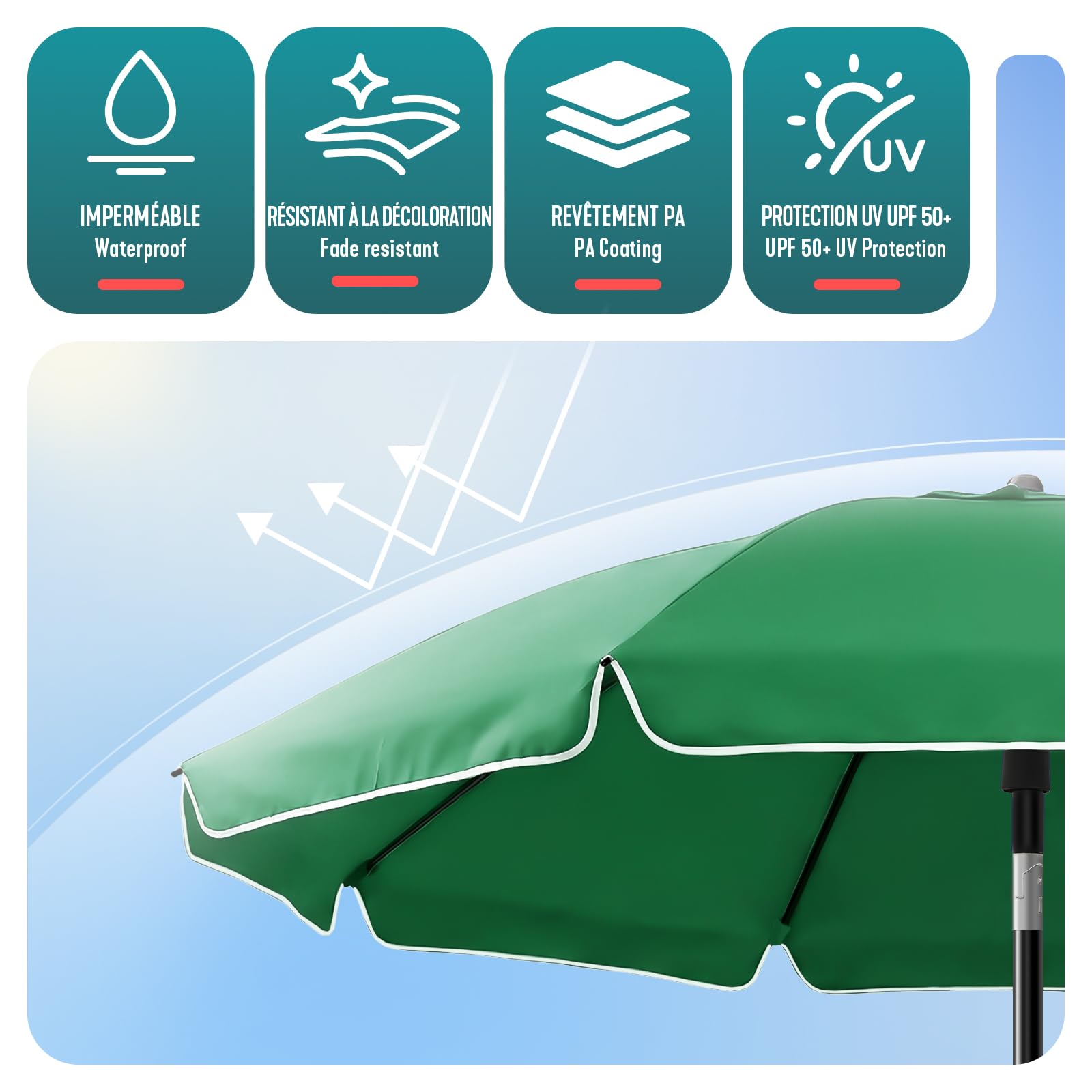 VOUNOT® Sombrilla Playa Grande Ø200cm y Soporte Arena Mástil Inclinable Altura Regulable Protección UV 50+ Parasol con Techo Ventilación Bolsa Transporte para Playa Terraza Balcón Camping Exterior — view 4