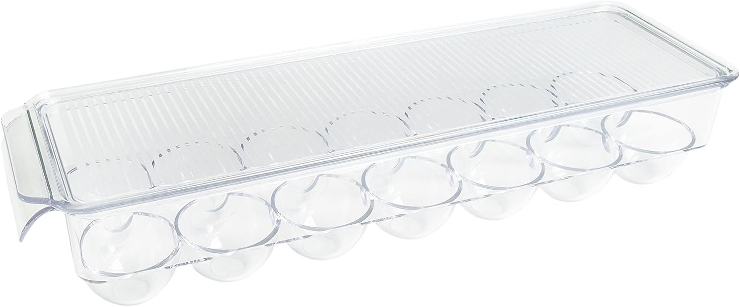 Kitchen Spaces Deluxe Egg Tray, Holds 18 Eggs, Refrigerator Storage Container with Lid, Stackable Fridge Organizer, Crush-Proof, BPA-Free, Clear