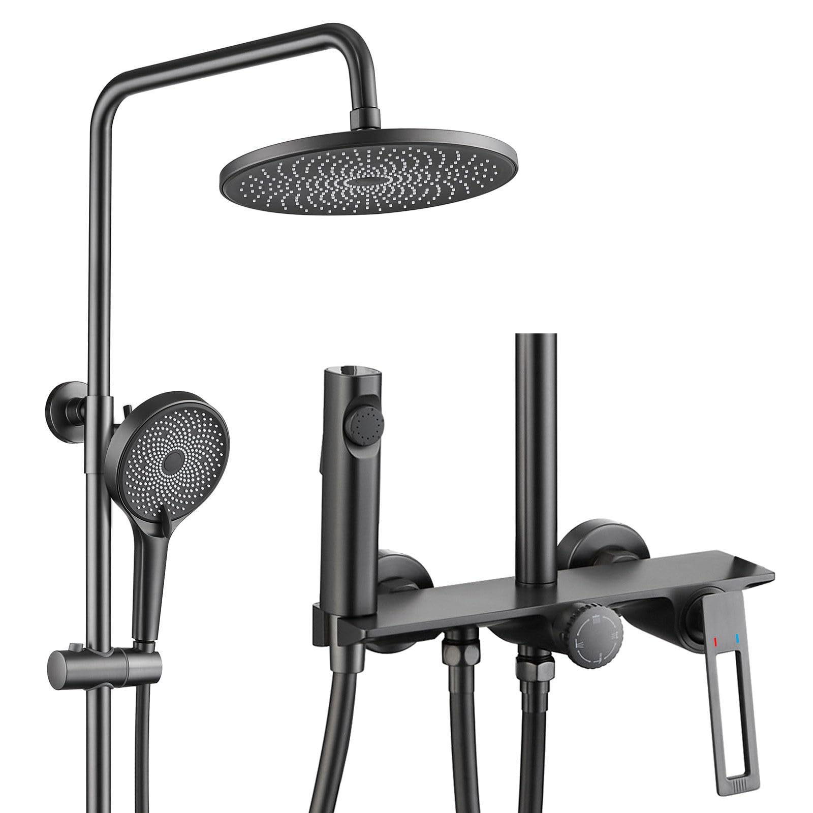 Sistema doccia, set doccia moderno e semplice, set doccia rotondo da 25 cm, design con manopola + maniglia, con rubinetto a cascata, doccetta a 3 modalità, pistola a spruzzo, ottone 59A