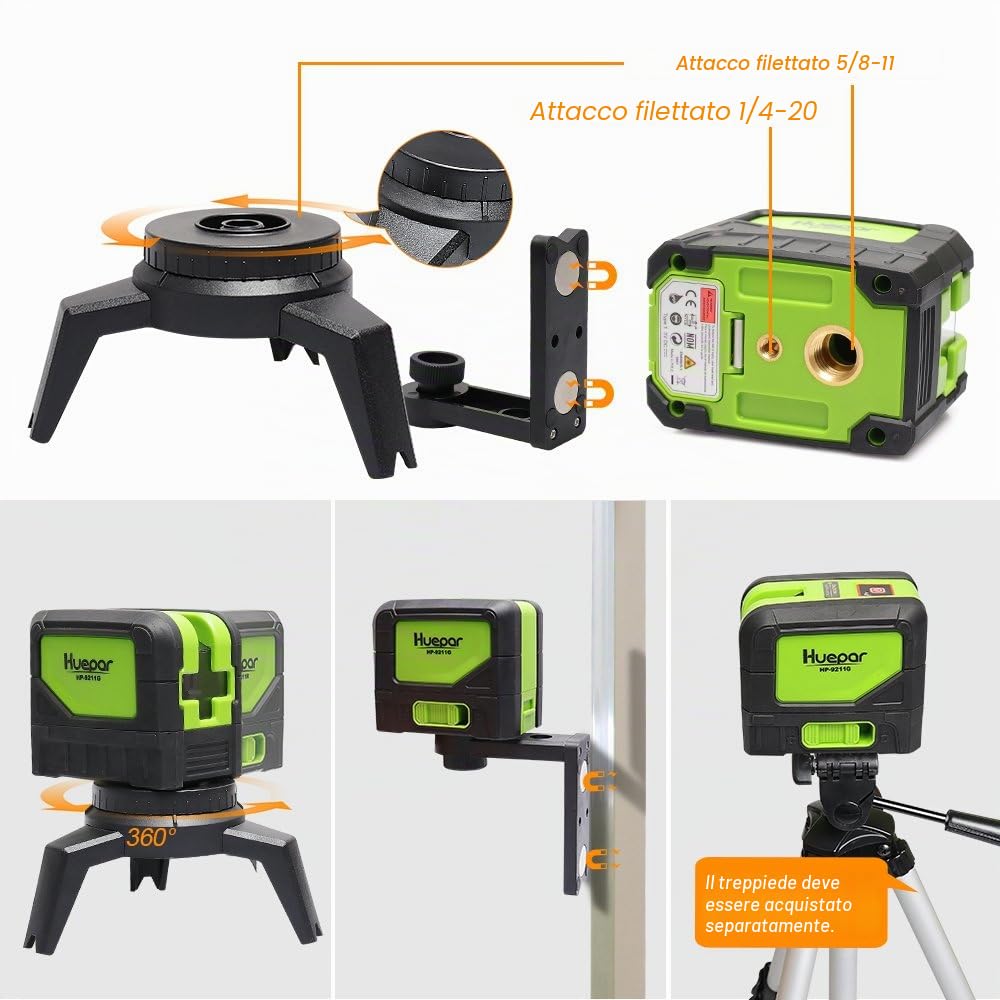 Huepar Livella Laser Verde con 2 Punti a piombo a Modalità Impulso, Livella Laser Autolivellante a Croce, 110 Orizzontale / 180 Verticale, Base Magnetica Rotante Inclusa, 9211G