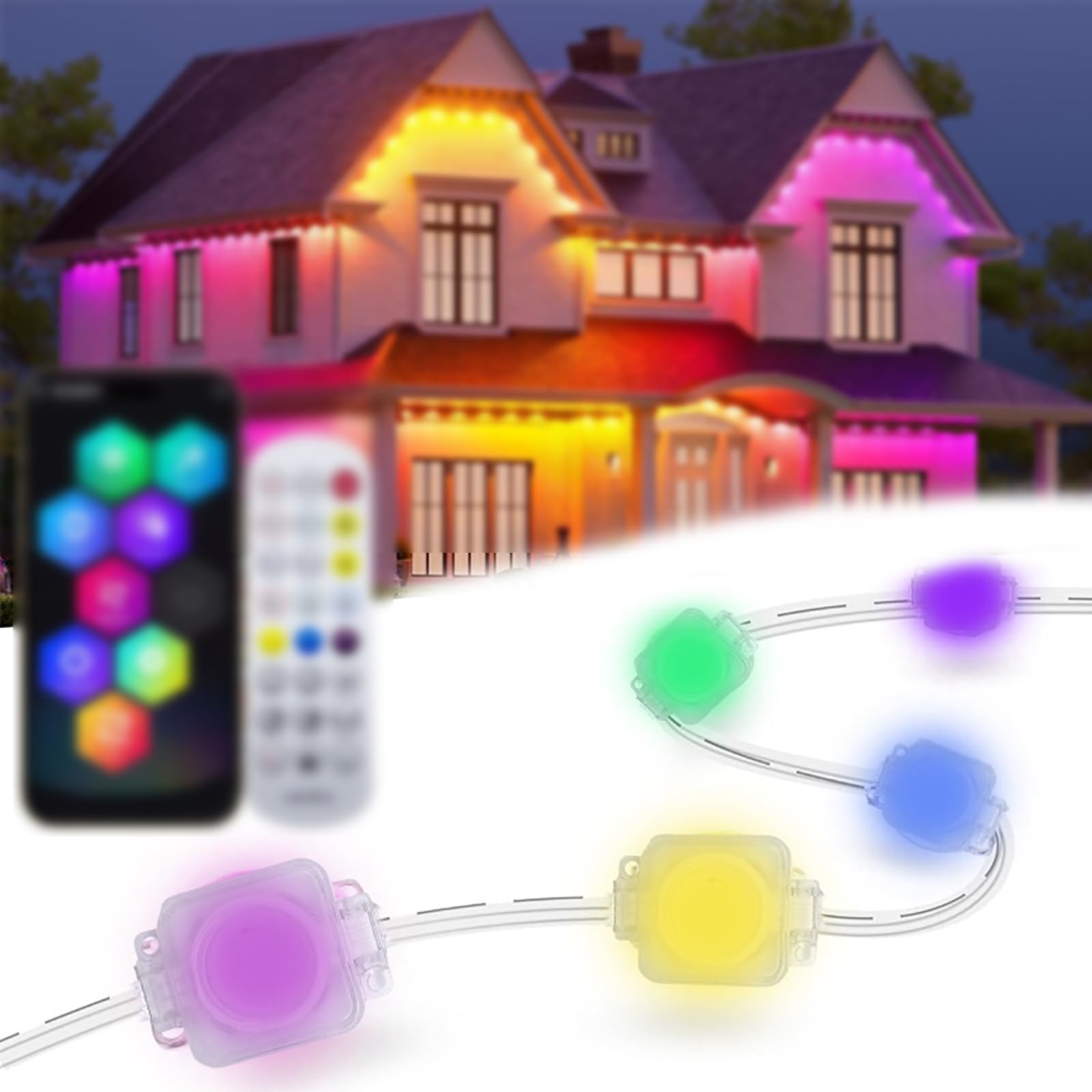 Kolorowe Oświetlenie Okapowe Rgb,15M/30M,Wodoodporne Oświetlenie Zewnętrzne,Sterowanie Aplikacją/Pilotem,Wiele Trybów Rytmicznych,Luminescencja 180°,Do Ogrodu,Na Podwórko,Do Okapów 30M