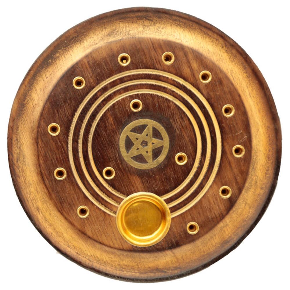 Puckator Brown Mango Wood Round Pentagram Ashcatcher Incense Burner - Zen Spiritual Modern Gothic Home Room Decor Decorations - Meditation Accessories - Stick Sticks Cone Holder Burner Burners