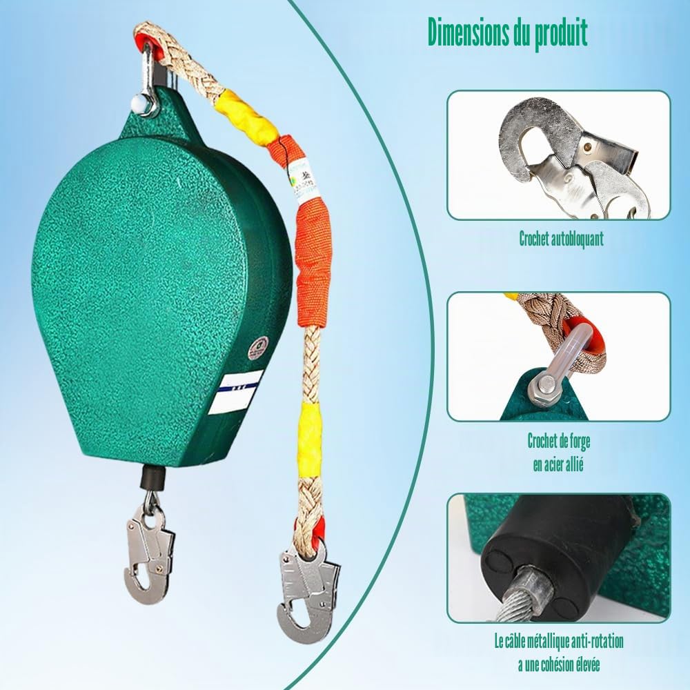 Ligne de vie auto-rétractable, ensemble de protection contre les chutes rétractable de 10 m, anti-chute de haute altitude, avec double structure de verrouillage, ligne de sauvetage rétractable