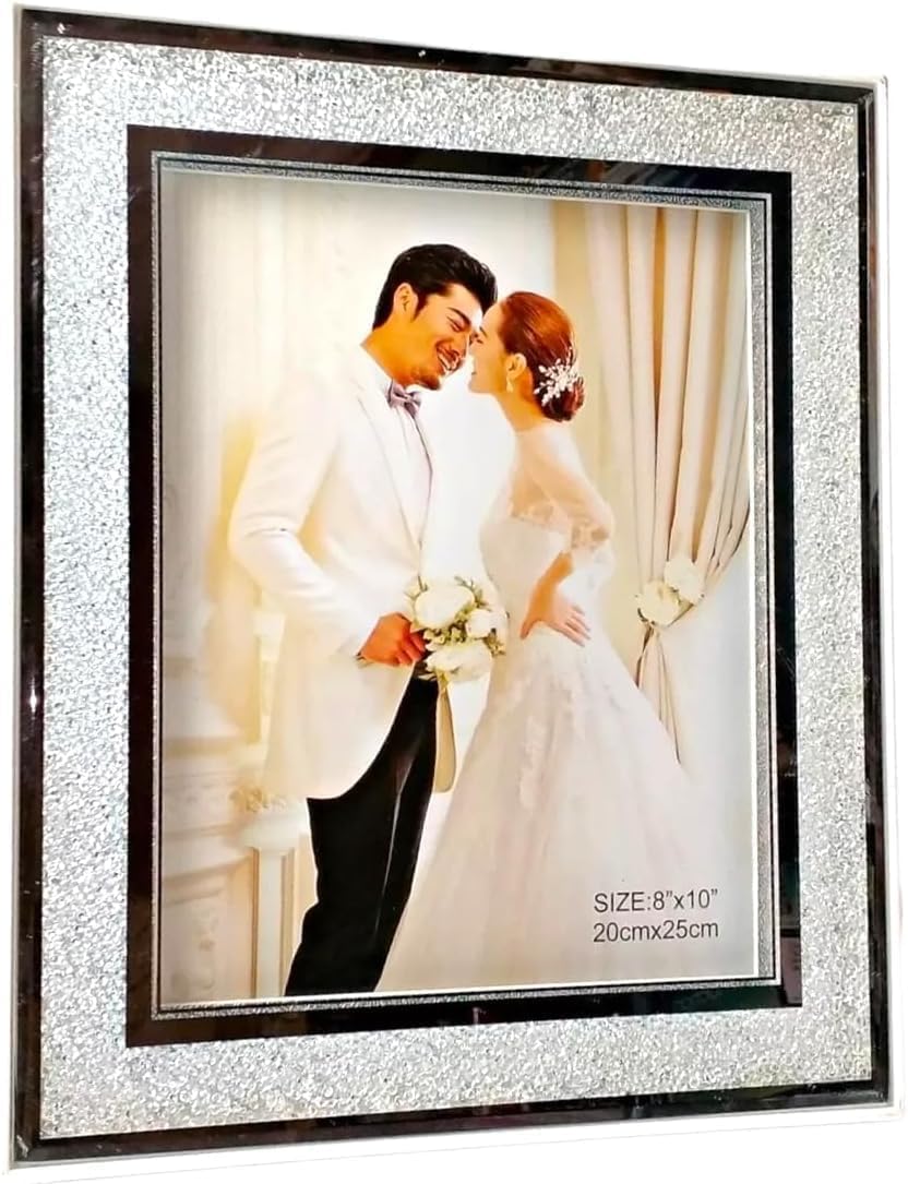 Crushed Diamond Home Signature Collection Photo Frame, 20cm x 25cm, Silver Glitter, Crystal, Glass Mirror (White, 25cm)