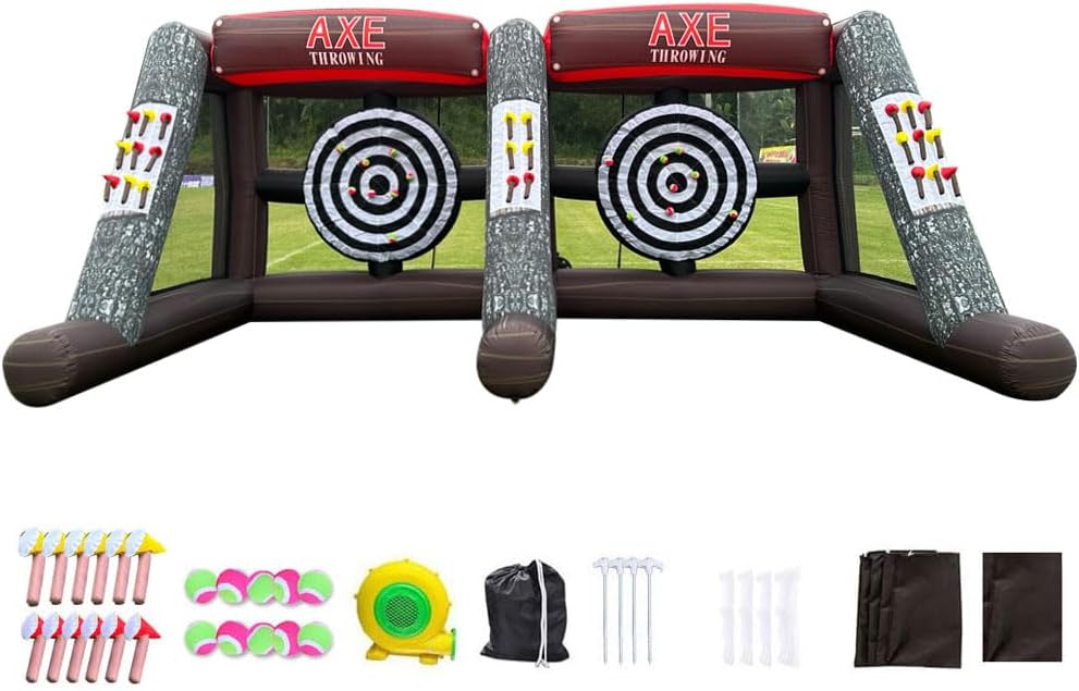 Inflatable Axe Throwing Inflatable Ball Toss Target Dart Board with 24 Axes+16 Toss Ball+ 8 Soccer Balls for Interactive Sport Games, Double Darts for 2 Players