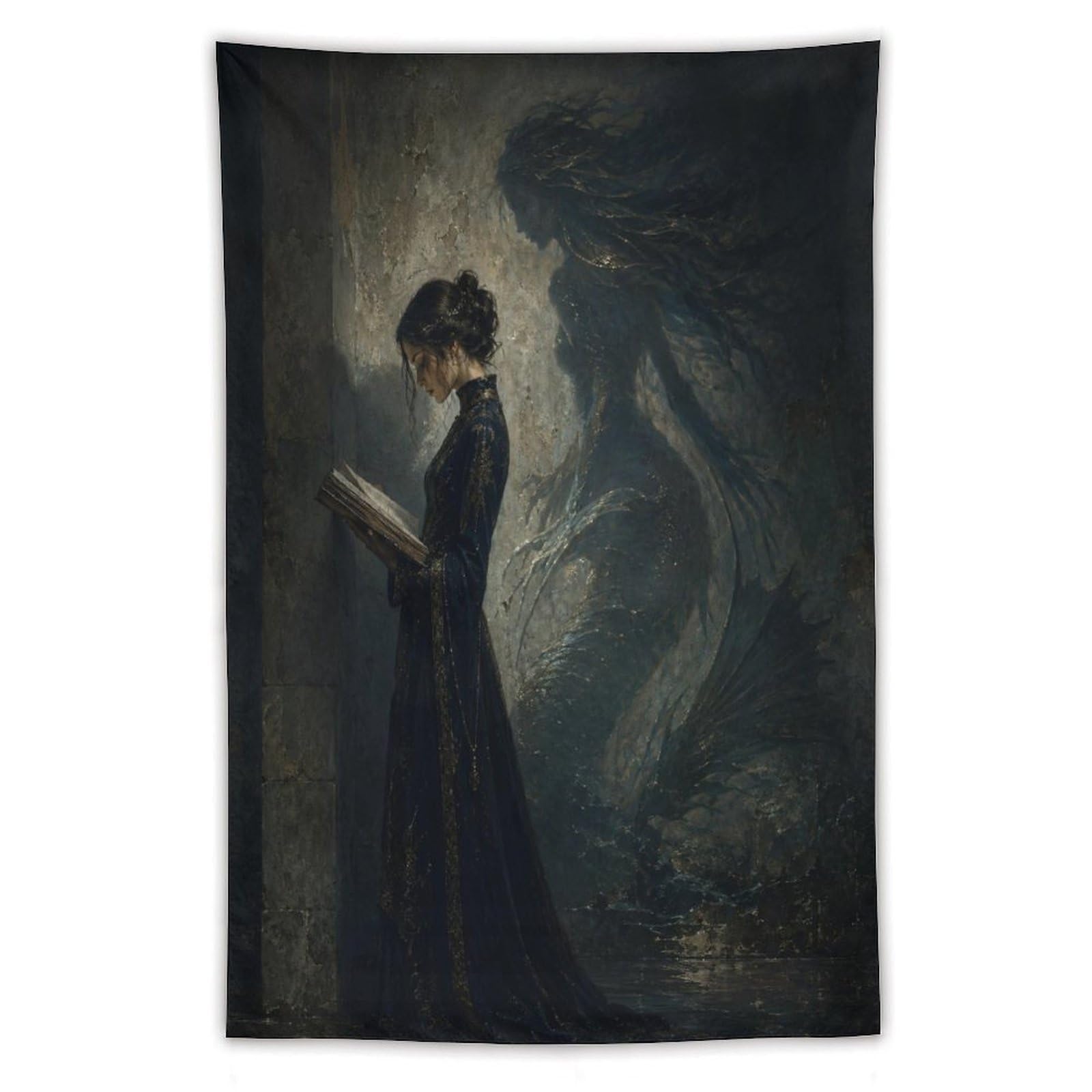 W7C8U2X3 Woman Reading Dragon Shadow Wall Tapestry, Mythic Ink