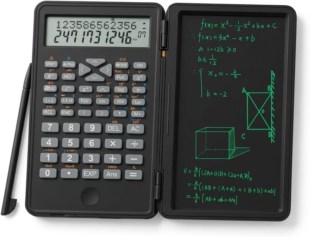 Scientific Calculator with LCD Writing Tablet – 240 Functions for Math, Physics & Exams, Dual-Line Display, One-Click Clear & Lock, Pull-Out Stylus, for Students & Professionals (Black)