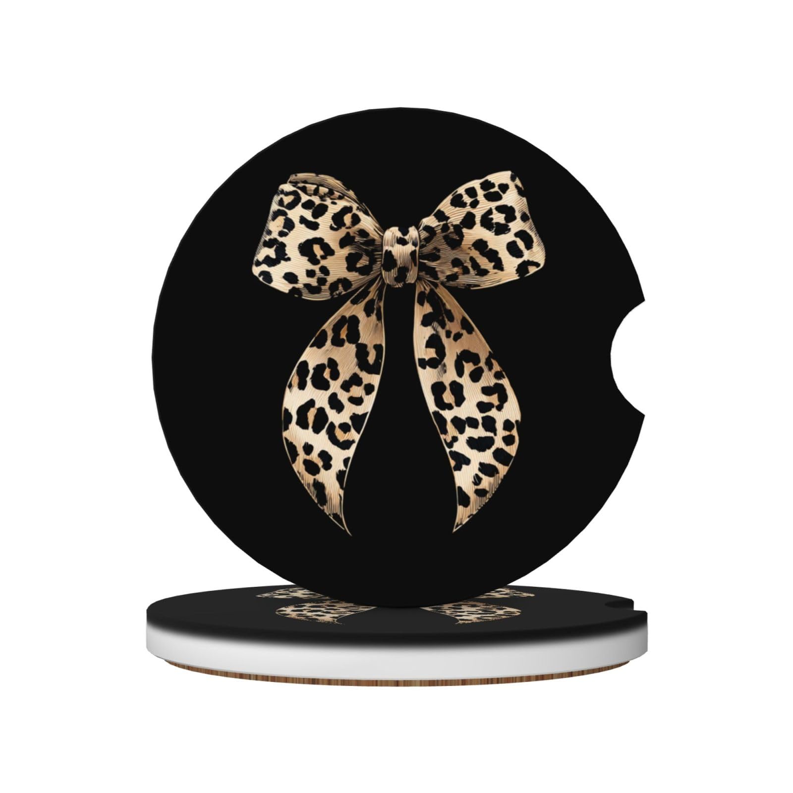 Leopard Print Ribbon Bow Flowing Loops Tails Ceramic Coasters,2pcs