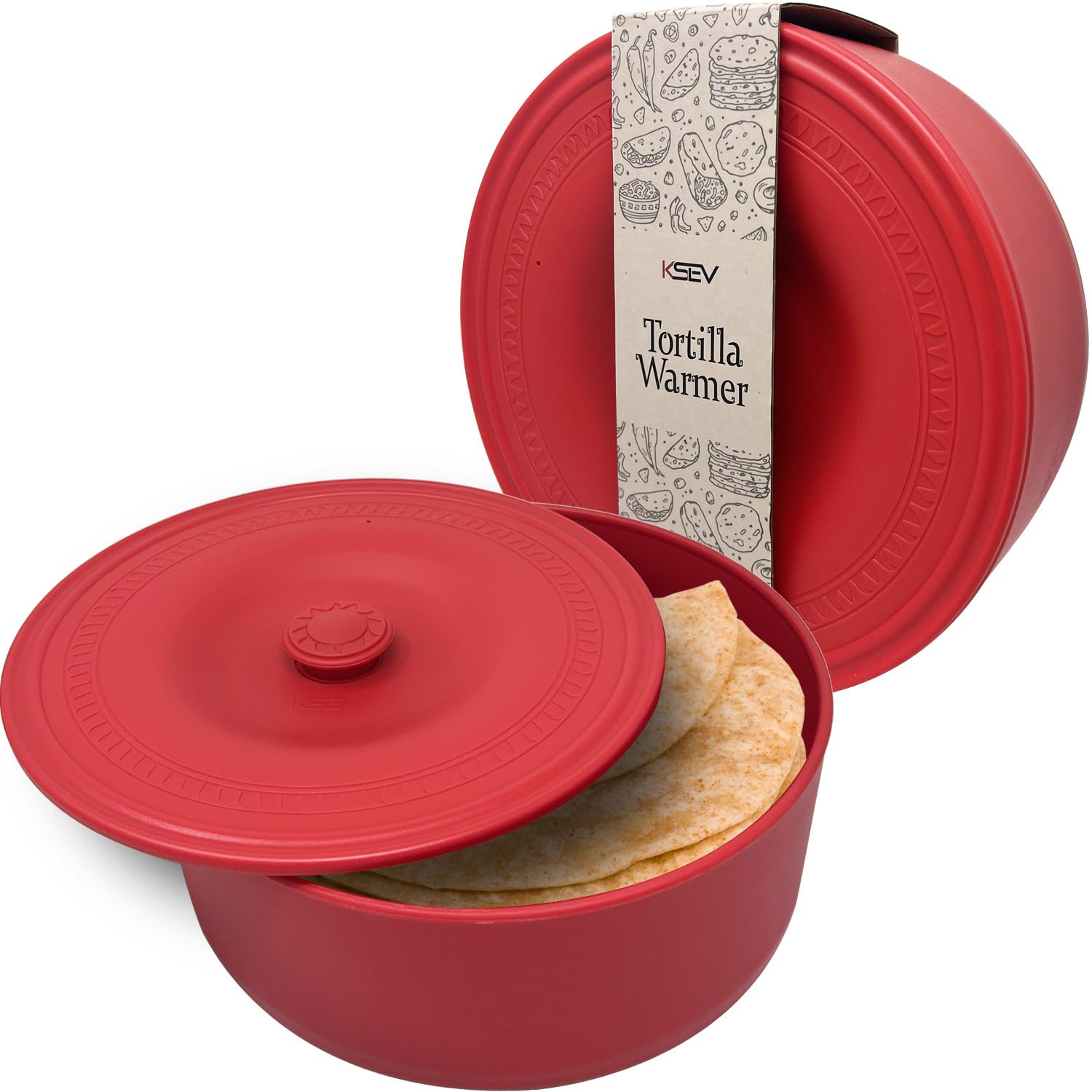 KSEV Tortilla Warmer (9" x 3.1"-Inch) Insulated Container with Lid, Fits up to 20 Tortillas, BPA FREE Microwave & Dishwasher Safe Holder Box For Torilla, Taco, Chapati, Flat Breads (1 Pack - Red)