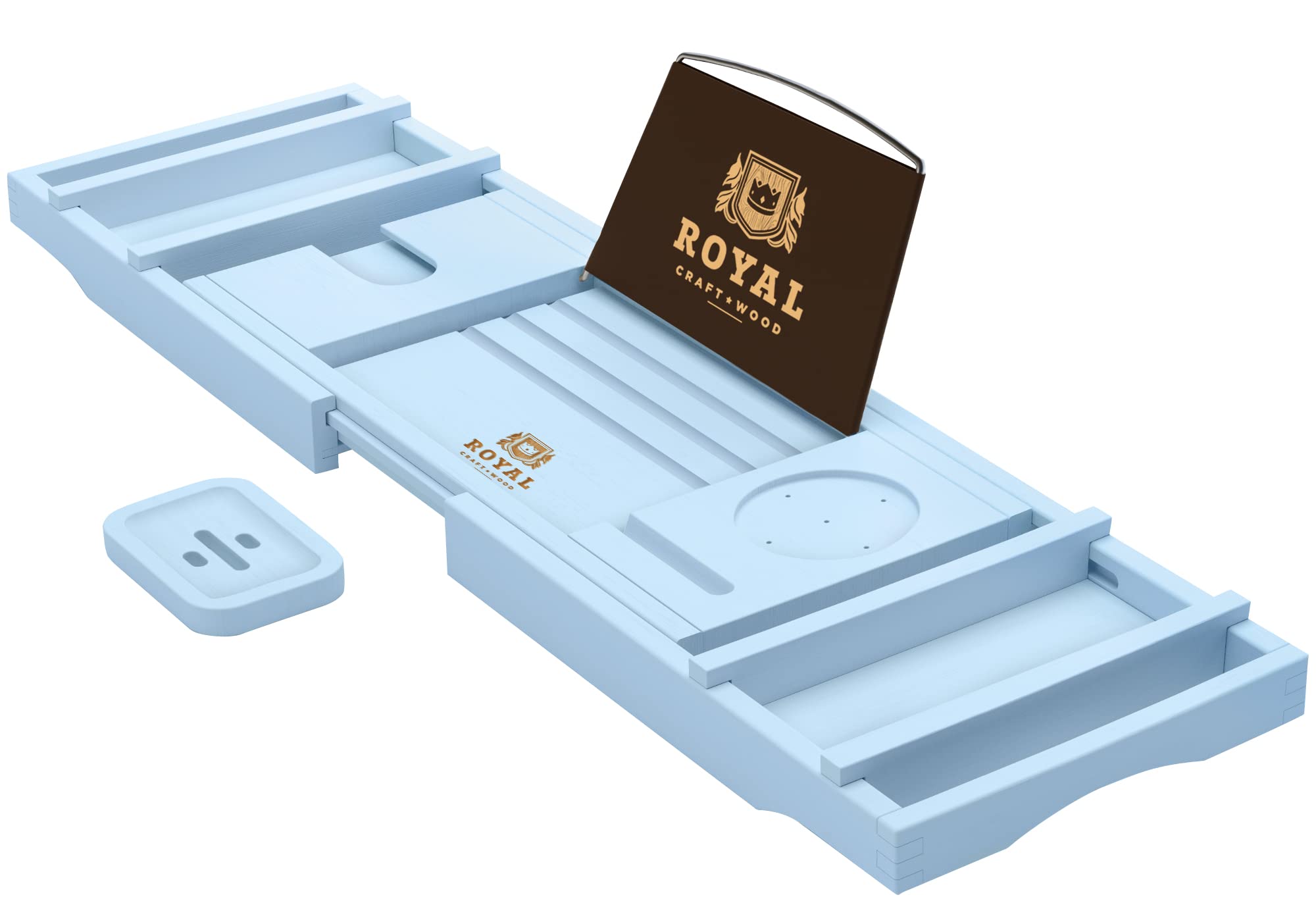 ROYAL CRAFT WOOD Luxury Bathtub Caddy Tray, One or Two Person Bath and Bed Tray, Bonus Free Soap Holder (Blue)