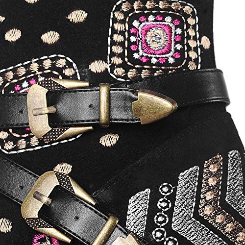 SaraIris Western Boots Flower Embroidery Shoes for Women - Cool Chinese Ethnic Cowboy Cowgirl Style Pointed Toe Shoes Woman Pull On Buckle Design Knee Boots - Thumbnail 5