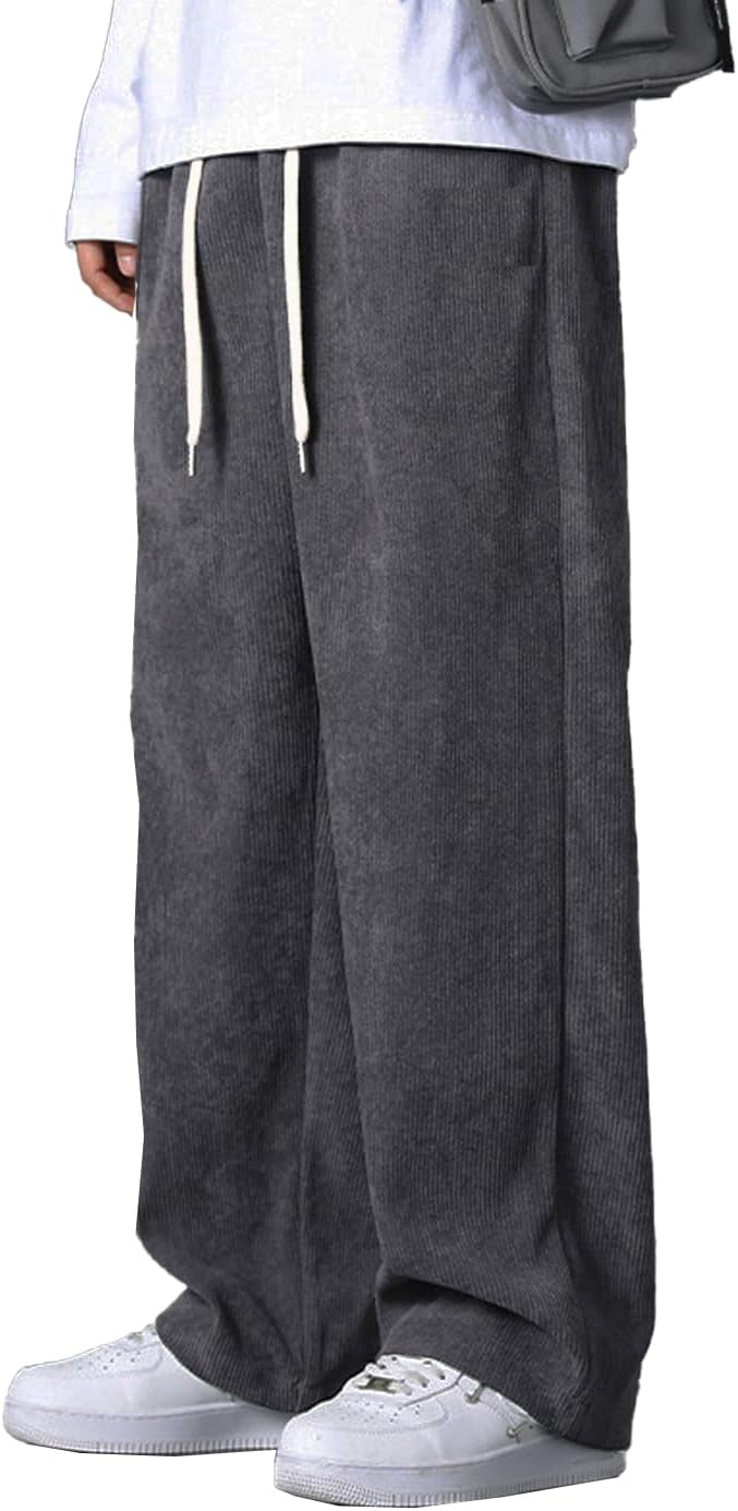 Men's Corduroy Pants Elastic Waist Drawstring Baggy Pants Fashion Loose Casual Long Trousers with Pockets