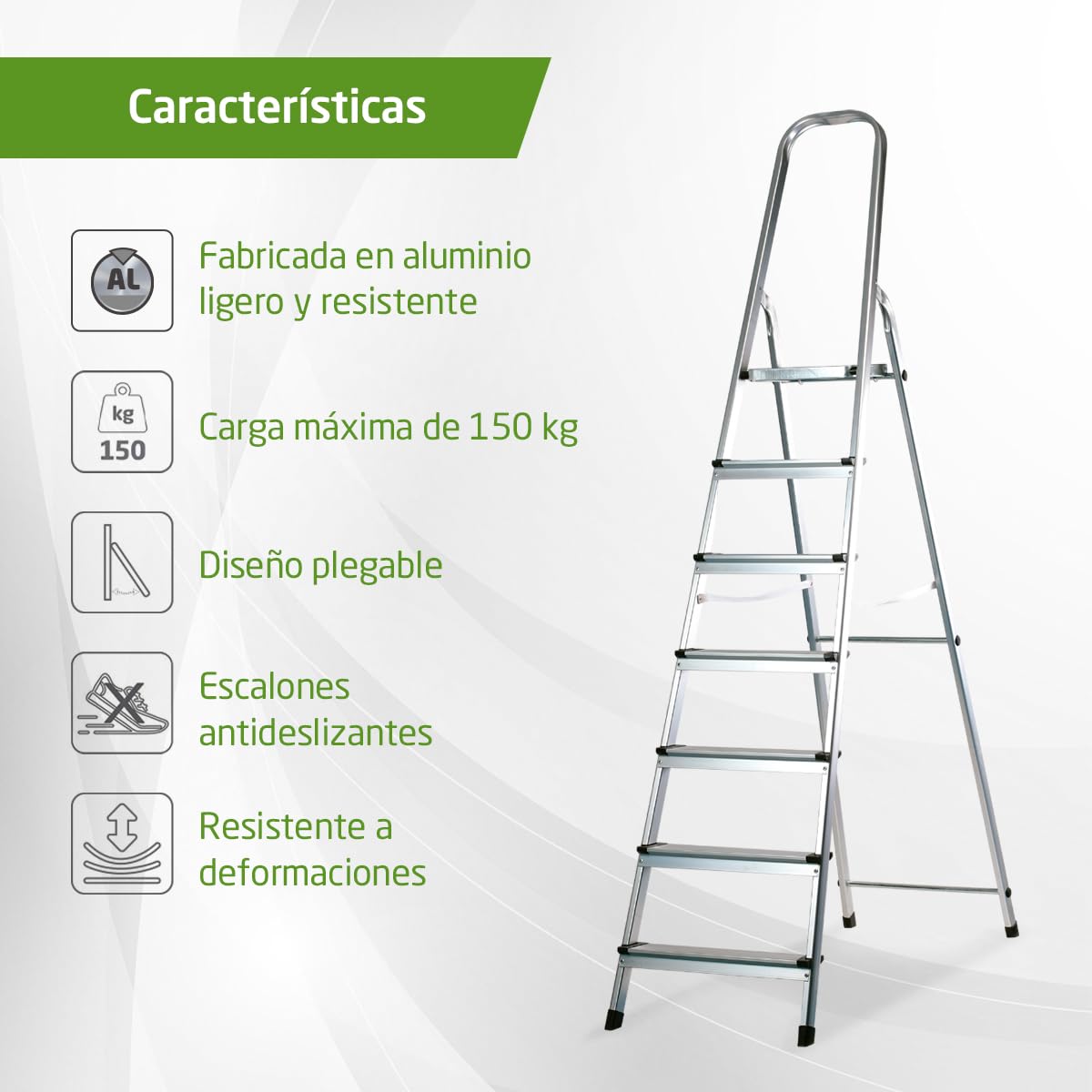 Amig - Escalera Plegable con 7 peldaños - Fabricado en Aluminio - Medida de Peldaños Pequeños 28 cm x 8 cm - Medida de Peldaño Grande 25 cm x 25 cm x 28 cm - Uso Doméstico - Carga Máxima: 150 kg