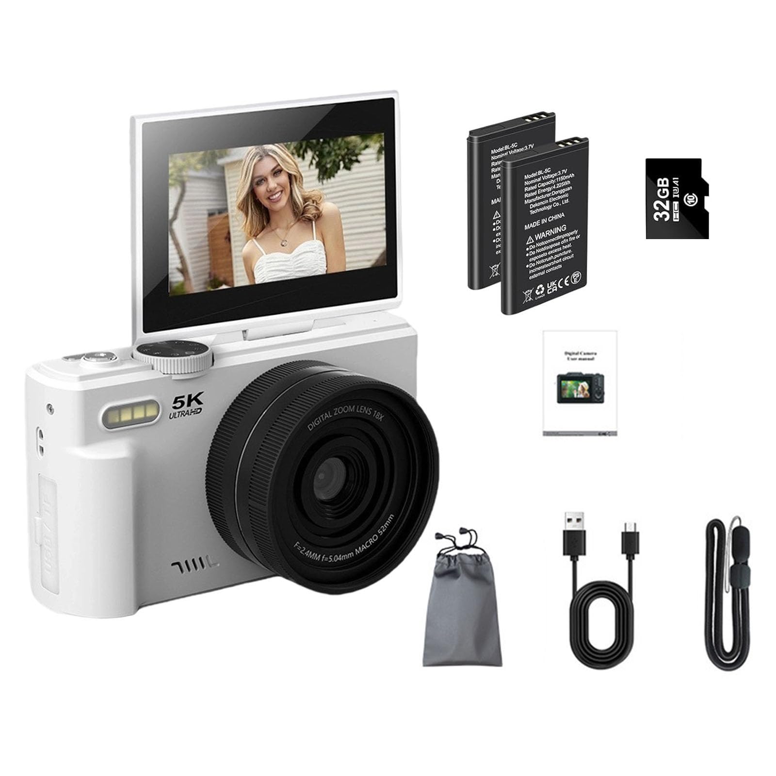 Fotocamera Vlog 5K 75MP Con Schermo da 3 pollici 180 ° Zoom 18X WiFi e messa a fuoco automatica Luce integrata per principianti Zoom WiFi Vlog Camera