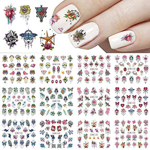 Nail Art Stickers Decals Pendant Patterns Nail Art Supplies Waterproof Nail Stickers for Acrylic Nails Mixed Design Nail Stickers Jewelry Flower Leaf Animals Water Transfer Decals Tattoo Nail Art Manicure Tips 12 Sheets