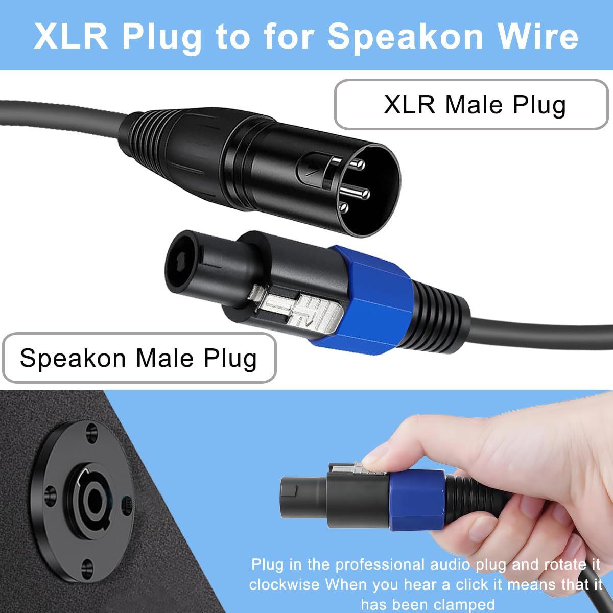 Câble pour Speakon vers XLR Câble pour Speakon mâle vers XLR mâle 3 broches Rallonge adaptateur audio 22 AWG haut-parleur pour amplificateur professionnel, DJ, sonorisation et scène