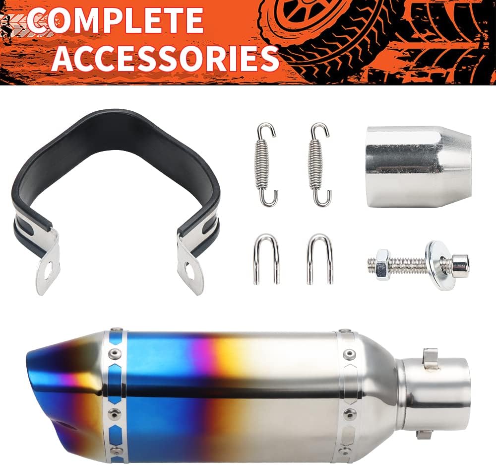 A-KARCK Motorcycle Exhaust Muffler 1.5" / 2" Inlet, 12" Long Blue Burnt Exhaust Silencer Pipe Stainless Steel, Excellent Sound Quality