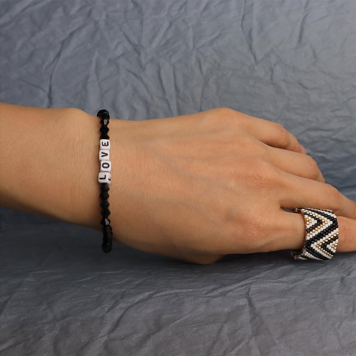 Inspired Black Beaded Stretch Bracelets for Women Cute Love Letter Crystal Beads Bracelet - Image 5