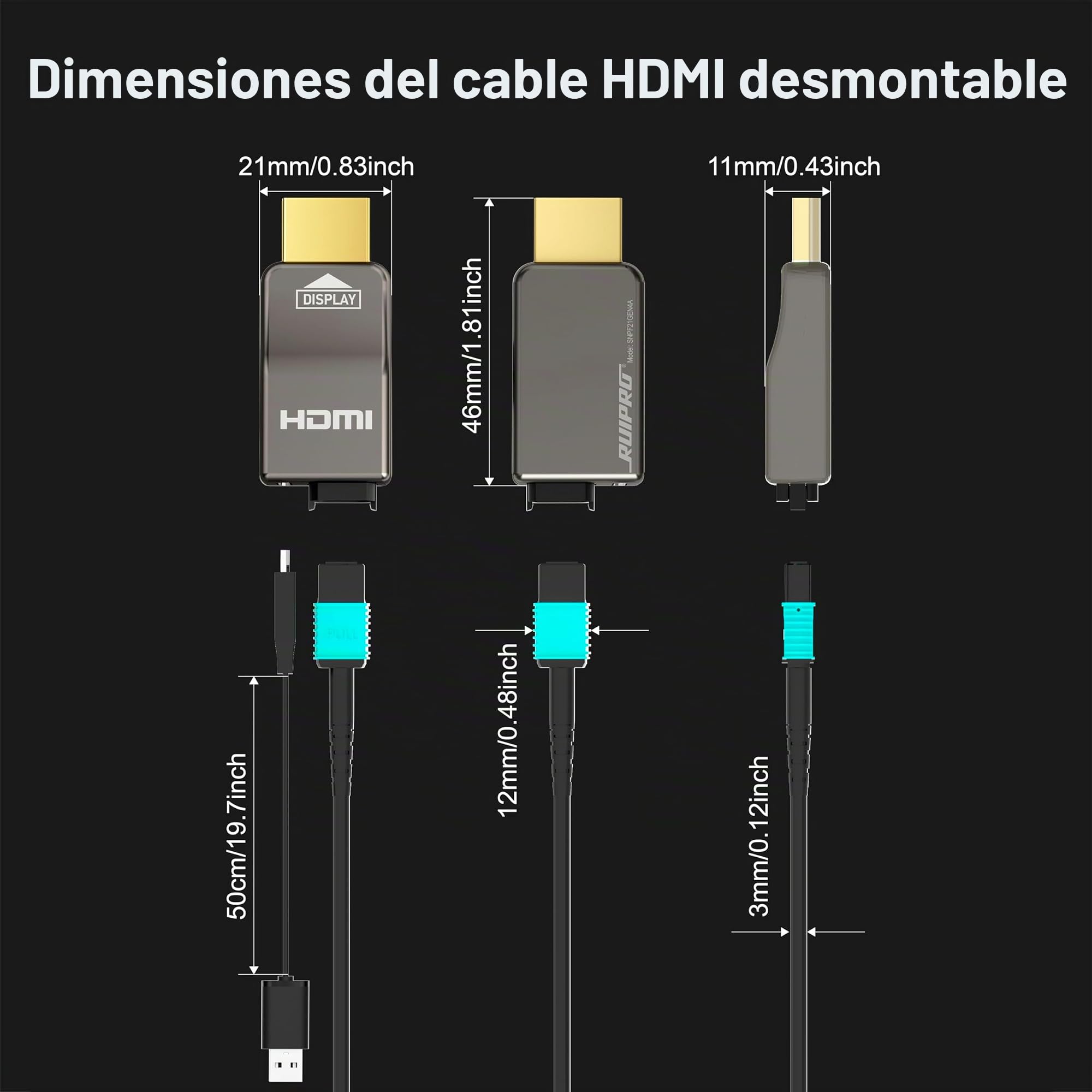 RUIPRO Cable HDMI 8K 15M de Fibra Óptica Pura Desmontable, Blindado con Acero Inoxidable, HDMI 2.1 Ultra Alta Velocidad 48Gbps, Soporta 8K@60Hz 4K@120Hz, eARC, Compatible con PS5, Xbox, TV, Proyector