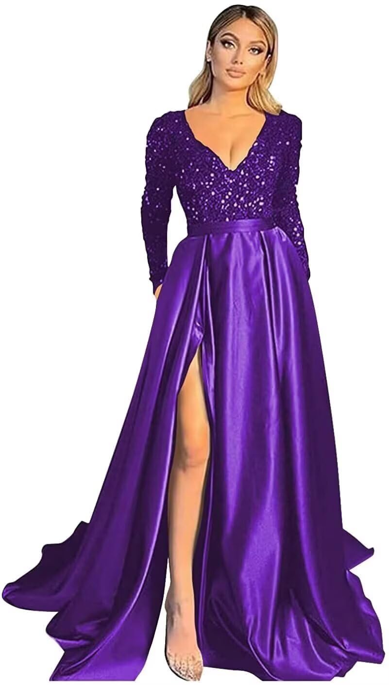 Lvloet Sparkly Long Sleeve Prom Dress with Slit Satin A Line Maxi Ball Gown Formal Evening Dresses