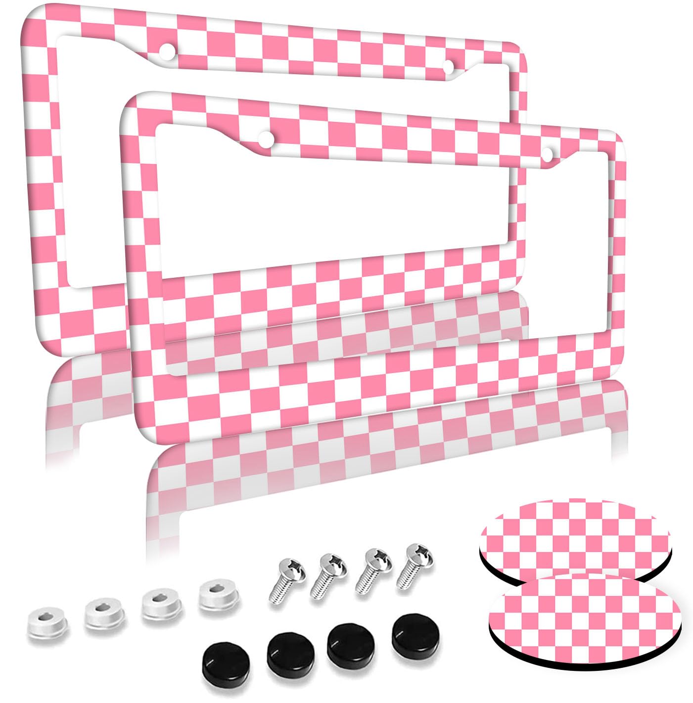 Pink Checkered License Plate Frames 2 Pack 2 Holes Aluminum License Plate Cover with 2 Pcs Car Coasters and Screw and Black Screw Caps for Girl Women