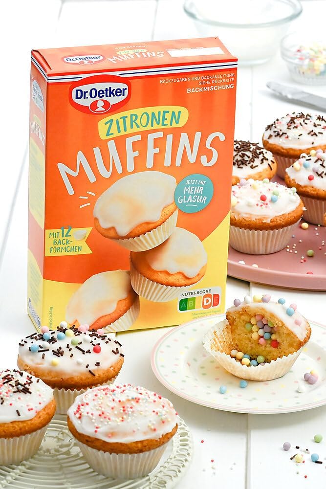 Dr. Oetker Zitronen Muffins, 6er Pack Backmischung für Rührteig Zitrone, Zitronenmuffins mit Glasur, inkl. Papierbackförmchen, Muffin-Mischung geeignet für die Heissluftfritteuse, 6 x 455g