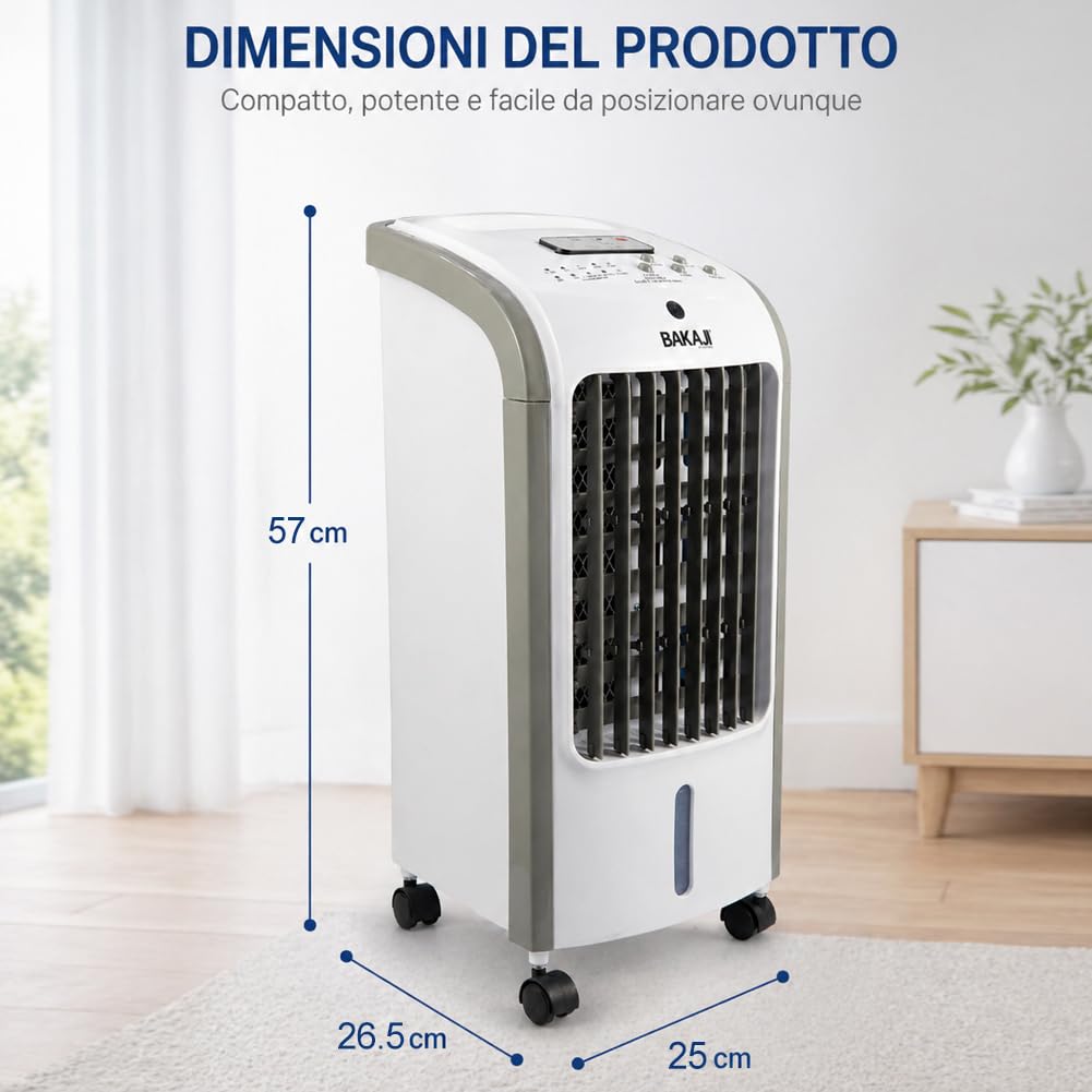 BAKAJI Raffrescatore ad Aria Fredda con 2 Blocchi Refrigeranti e Telecomando per Controllo da Distanza, Serbatoio 4 Litri, Air Cooler Silenzioso, Oscillazione Automatica 60°, 25 x 26.5 x 57 cm