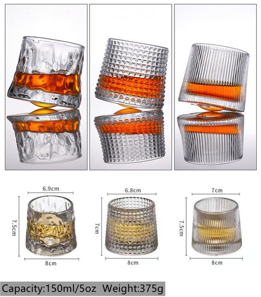 NatureMan Bicchieri da whisky in cristallo, 5 OZ Set di 3 bicchieri a rotazione in stile vintage, per bere bourbon, scotch, cocktail, cognac, tequila, bicchieri da bar trasparenti
