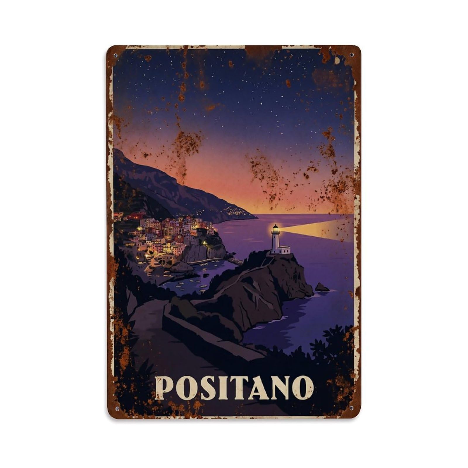 Huiyhb 8X12inch(20X30cm) Vintage Travel Positano Italy Lighthouse Beacon Dusk Metal Tin Sign