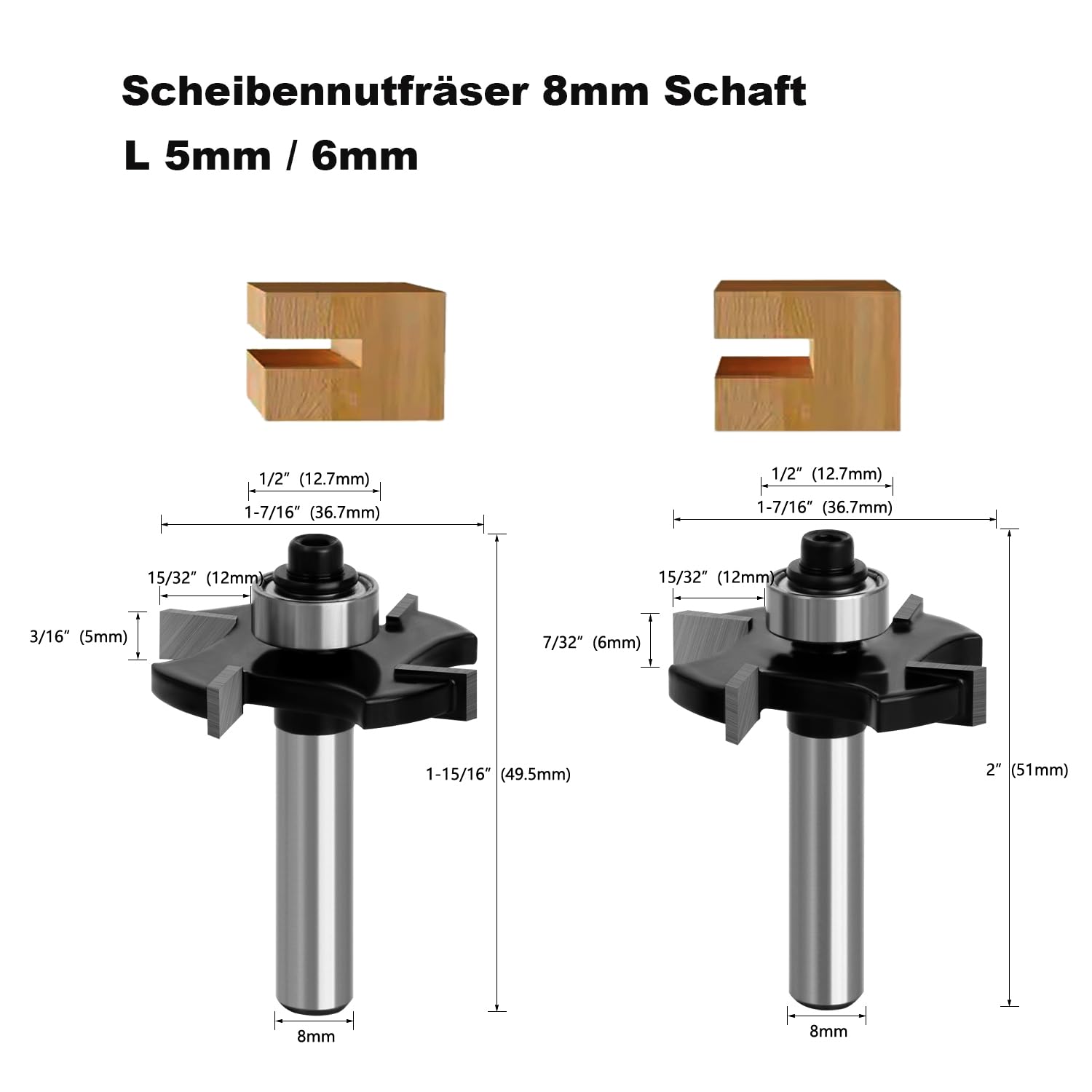 4 Stück Scheibennutfräser Fräser für Oberfräse 8mm Schaft, 36.7mm Schnittdurchmesser, 4-Zähne Hartmetall Klinge, Holzbearbeitung fur Präzise Nut- und Rillenfräserarbeit, L 3 /4 /5/ 6 mm