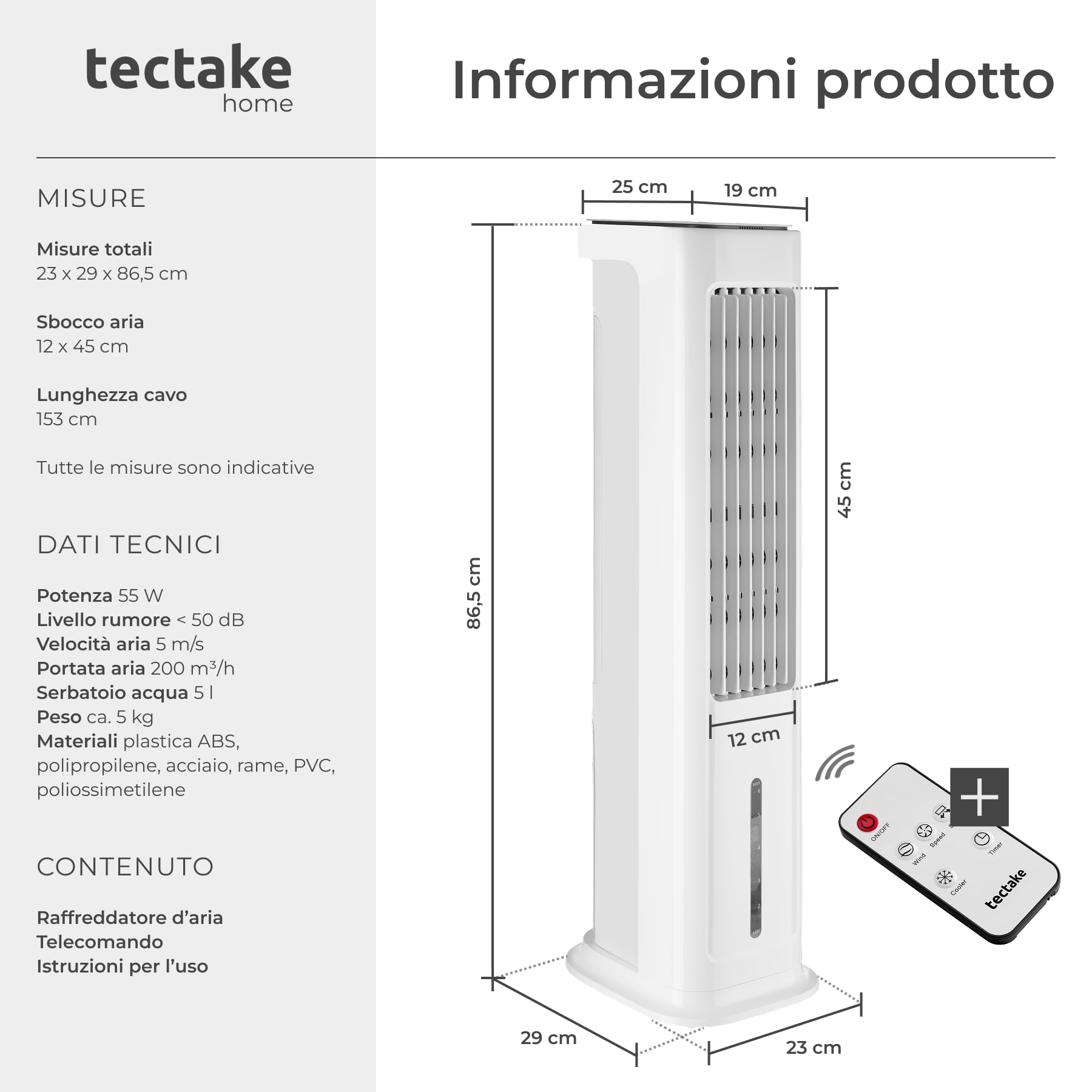 tectake® Raffrescatore d'aria 4in1, Condizionatore Portatile, Serbatoio 5L, 2 Siberini, Ventilatore a Torre, Purificatore, 3 Modalità, Telecomando Timer, Climatizzatore Portatile Silenzioso - Bianco