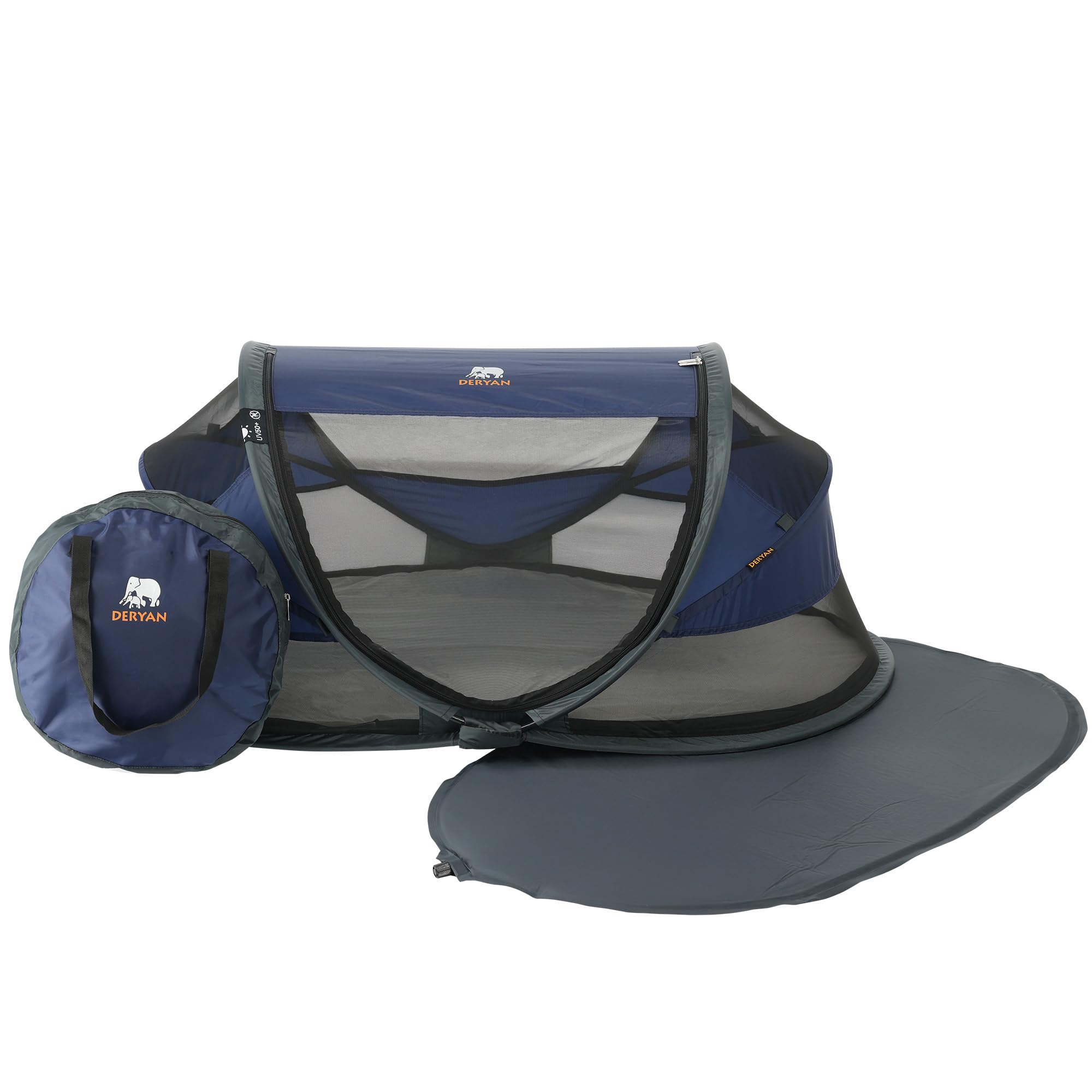 Deryan Baby & Kinder Reisebett mit Matratze - ab Geburt bis 2,5 Jahre, Pop Up Kleinkindbett Babyzelt in 2 Sekunden aufgestellt, inkl. Moskitonetz & Reisetasche, Schnell & Kompakt Faltbar, Navy