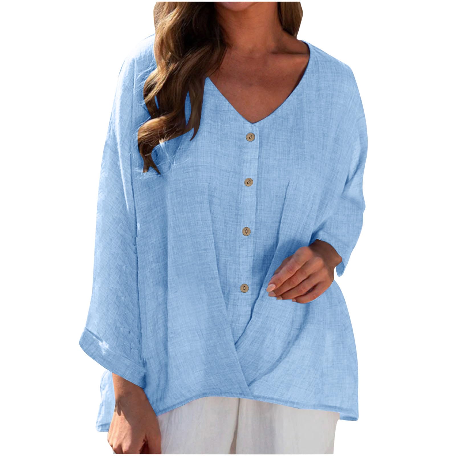Tops for Women Loose Fit Fall Cotton Linen Clothes Twist Knot Front Blouse Button Down T Shirt Long Sleeve V Neck Tee