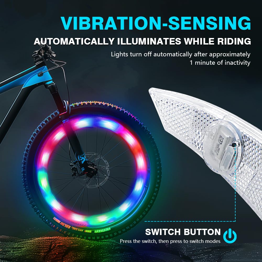 Lumière de Roue de Vélo Rechargeable Multicolore avec Capteur de Mouvement, Résistante aux Intempéries éclairage de Roue de Vélo de Nuit 2 Modèle D'éclairage de Vélo pour Adulte Enfant 4PCS
