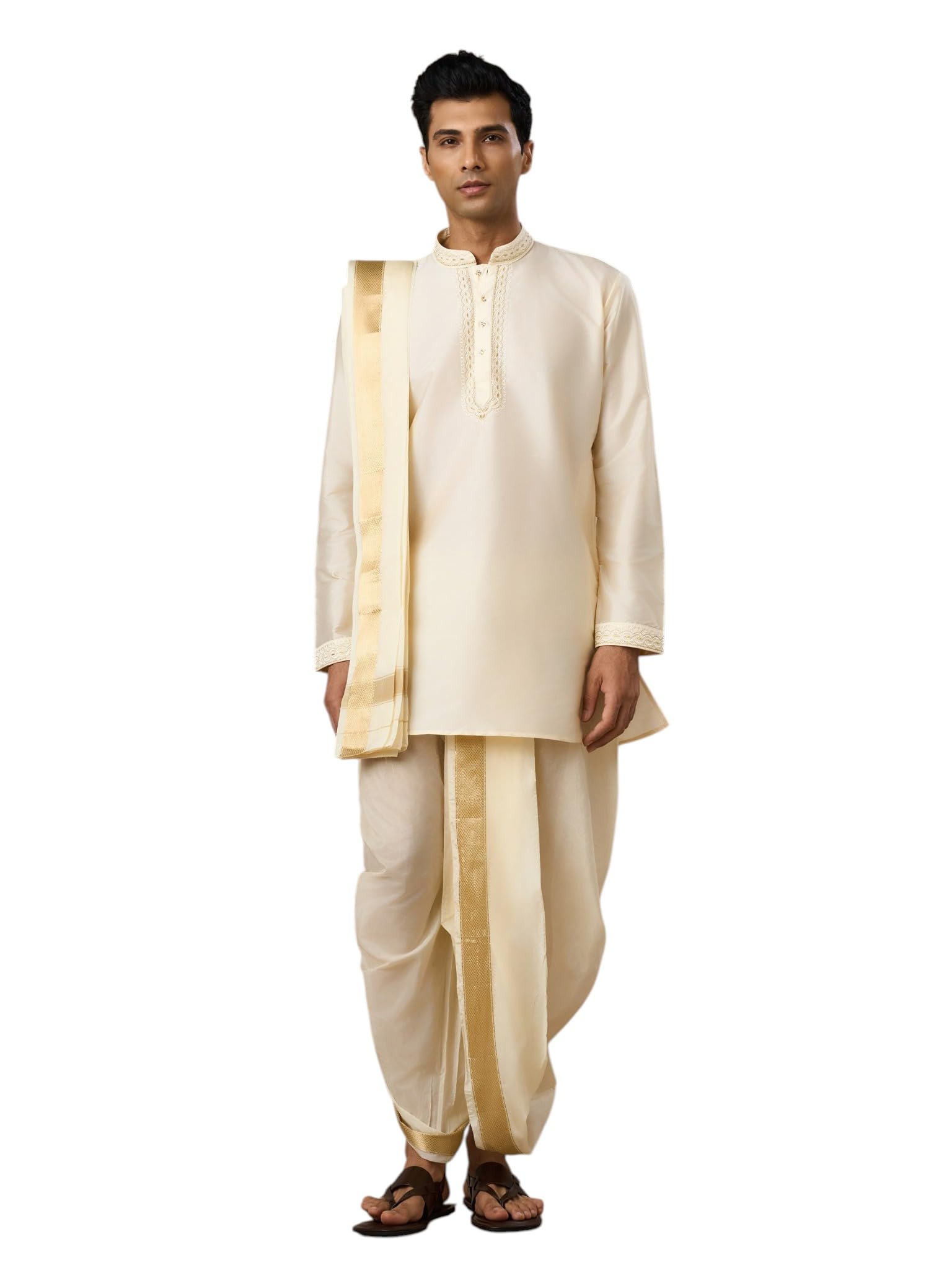 manyavar Men's Art Silk Solid South-Indian Kurta Veshti Dupatta Set (3pcs)-picture-12