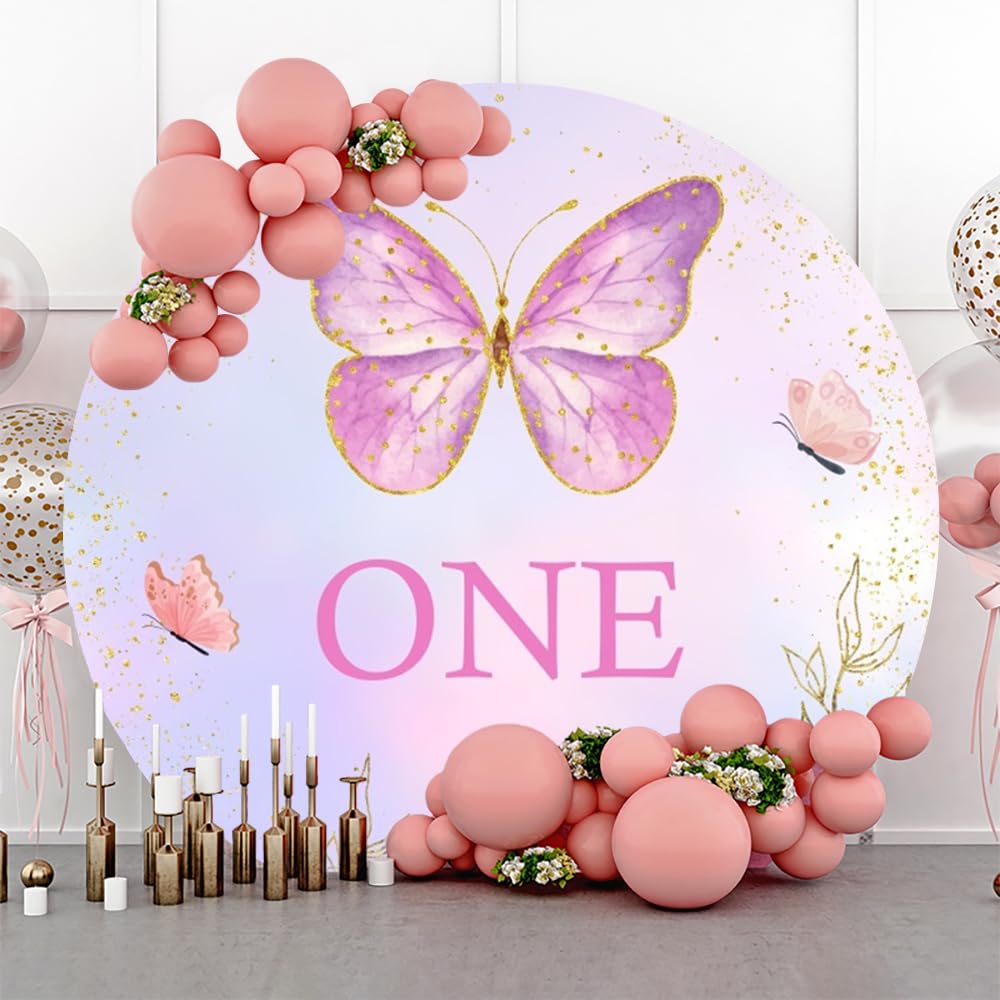 Leowefowa Butterfly Themed 1st Birthday Round Backdrop Cover 6.5x6.5ft Girl Butterfly Birthday Round Backdrop Stand Cover Girl Birthday Party Decorations Photo Booth Props