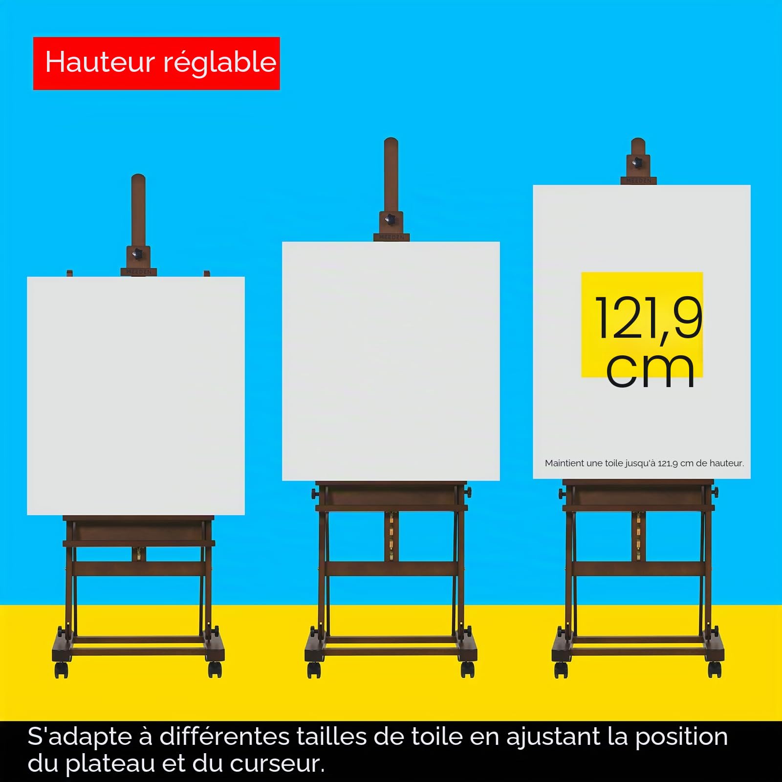 MEEDEN Chevalet de peinture d'artiste de 180,3 cm à 254 cm de haut, peut contenir une toile jusqu'à 121,9 cm, chevalet de peinture en bois de hêtre, chevalet de sol réglable avec roues
