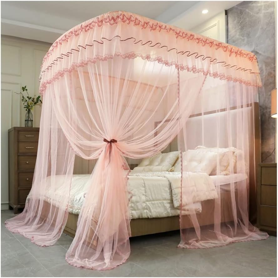 Moustiquaire de lit double 200x220cm rose avec support en métal