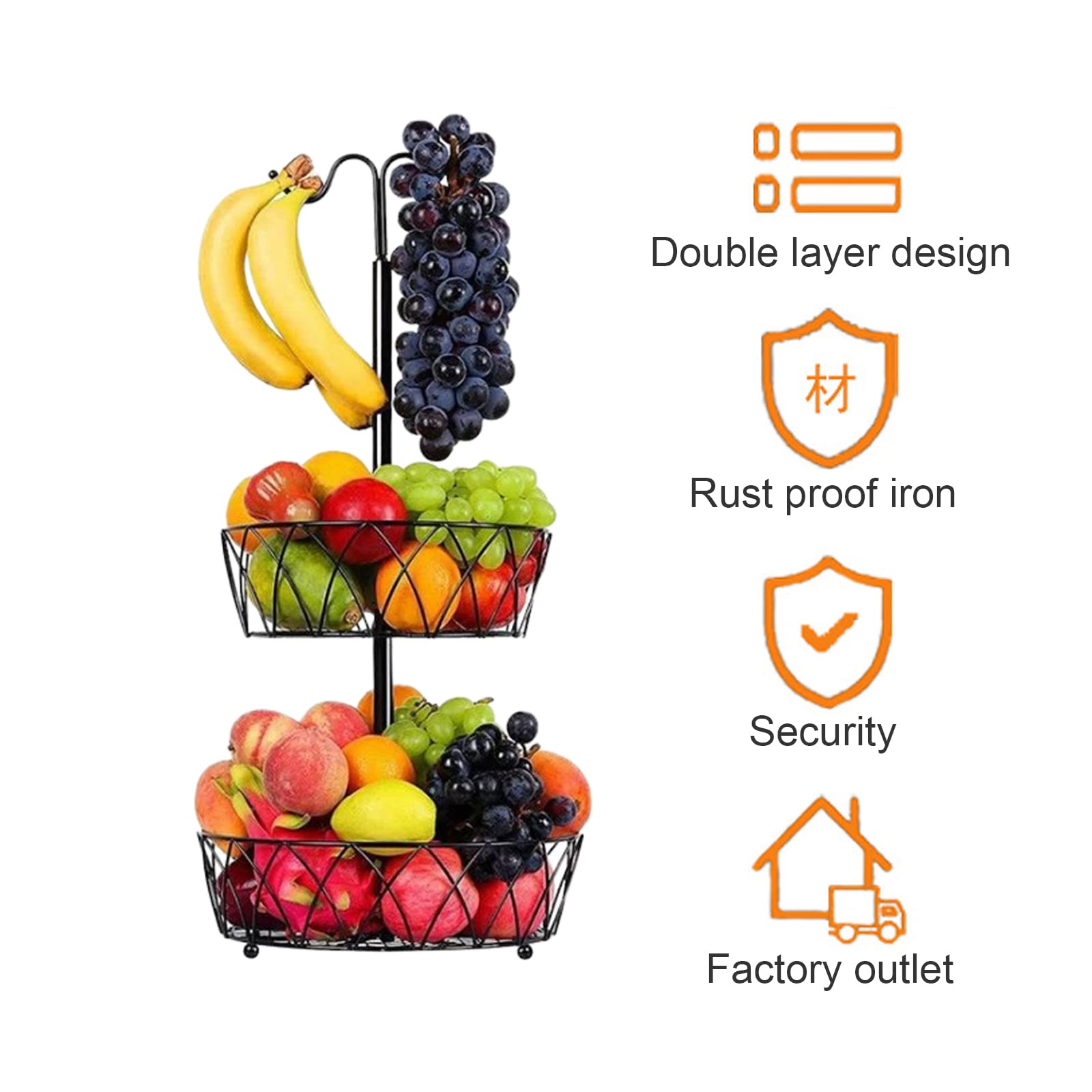 Cesta de Frutas de 2 Niveles con Colgador de Plátano, Alambre de Metal, Cesta de Almacenamiento de Frutas Y Verduras, Soporte Organizador de Frutas Extraíble, Soporte Grande para Cuencos de(A)
