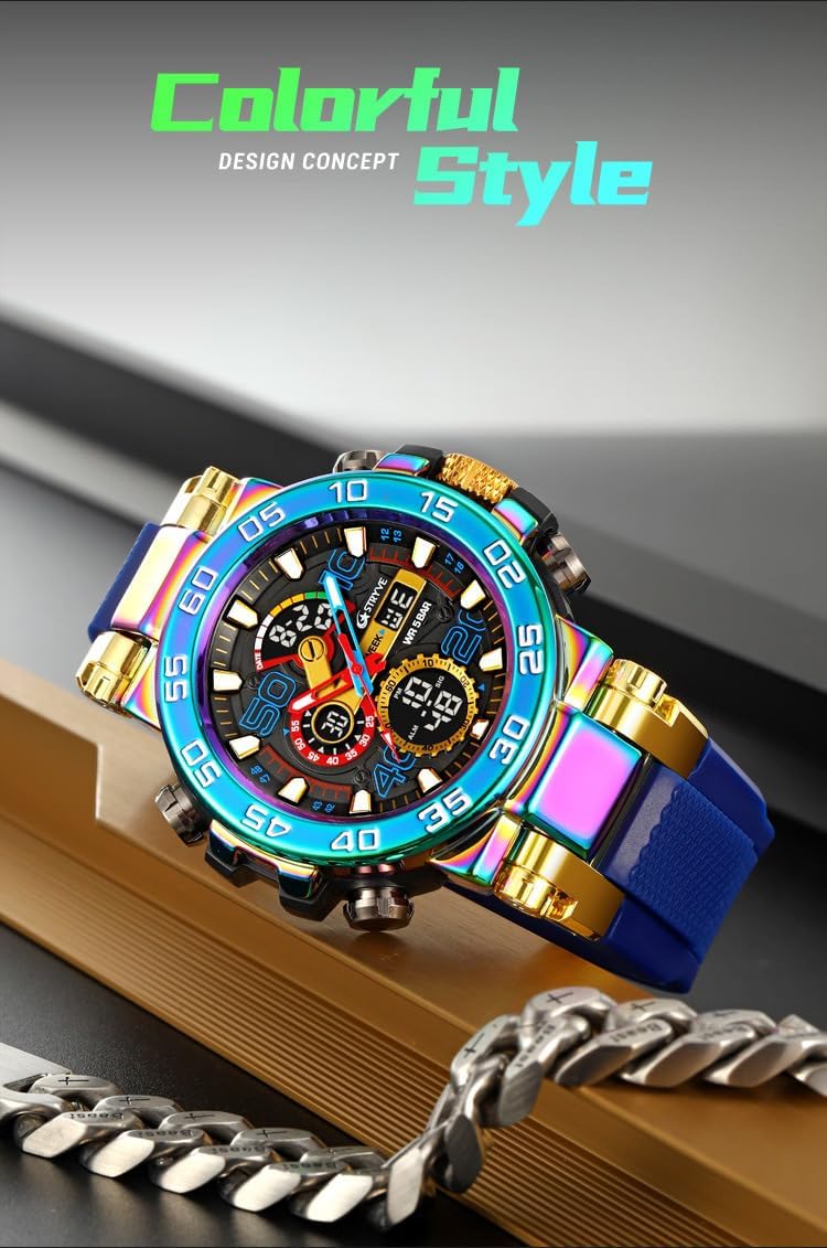 FANMIS Men's Watches Sports Military Watches Waterproof Color Designer Large Face Digital Analog Tactical Outdoor Men's Wristwatches-Chronograph Dual Time LED Alarm Stopwatch