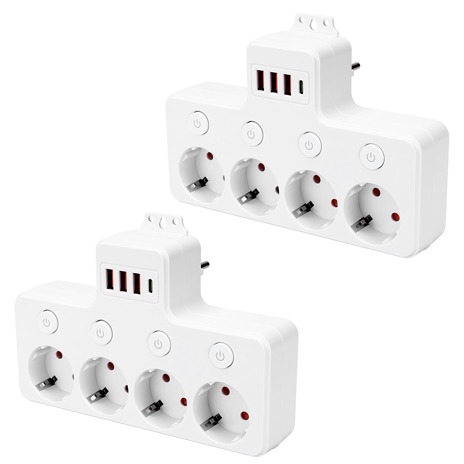 Ciabatta con 4 prese con USB-C e 3 USB-A, interruttore singolo con spia di controllo, protezione per bambini e protezione da sovratensione per ufficio, casa, cucina, viaggi