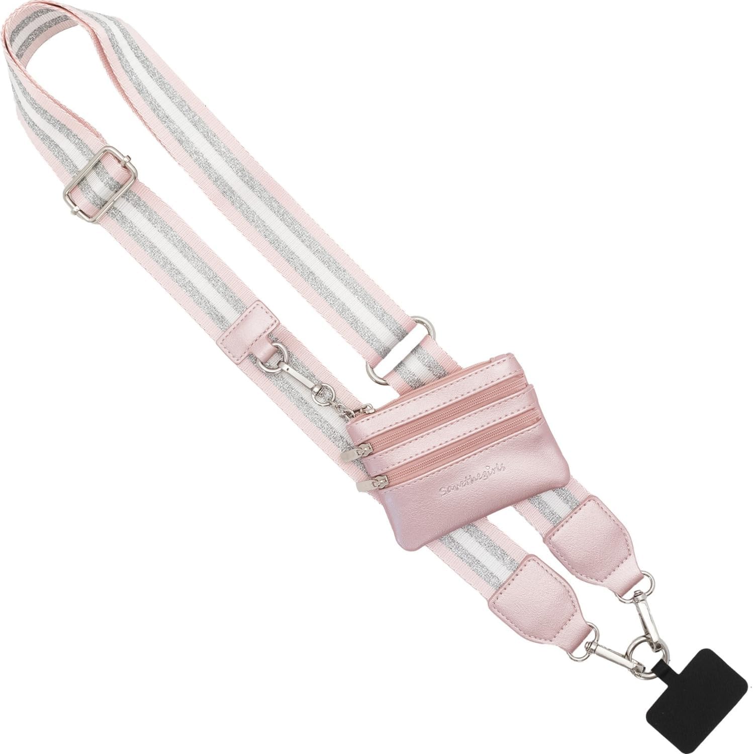 Save the Girls Clip & Go Bold Phone Strap (Reflective Pink/Silver/White - Pink Pouch) – Crossbody Phone Strap Chain with Zipper Wallet Pouch – Phone Lanyard