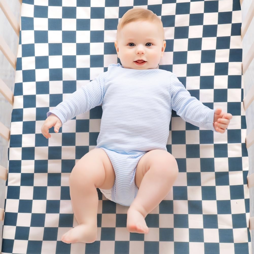 Paquete de 4 sábanas bajeras para cuna a cuadros neutrales, transpirables, sábanas para bebé, para niños o niñas (sábana de cuna)